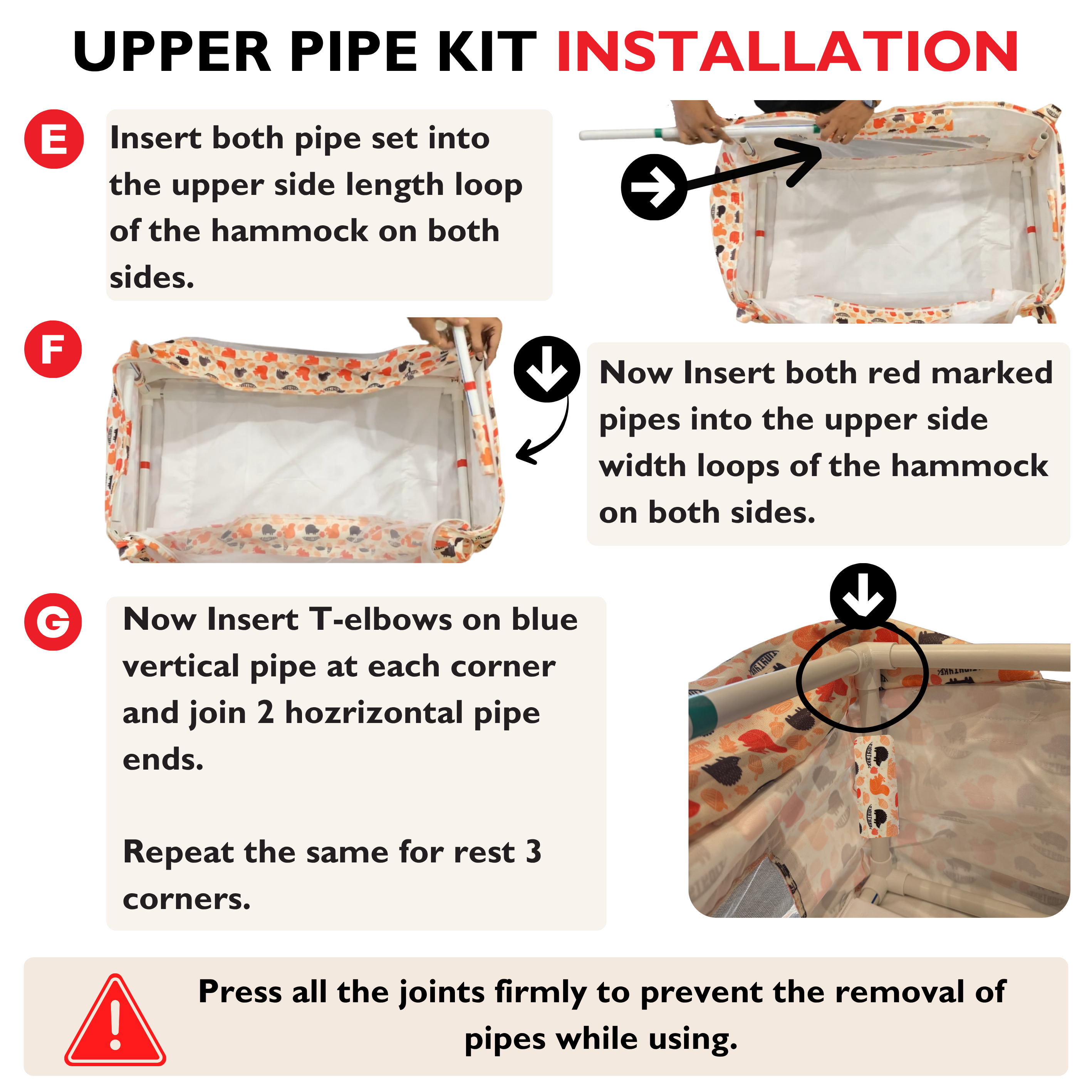 Step-by-step installation guide for an upper pipe kit on a hammock with text and arrows.
