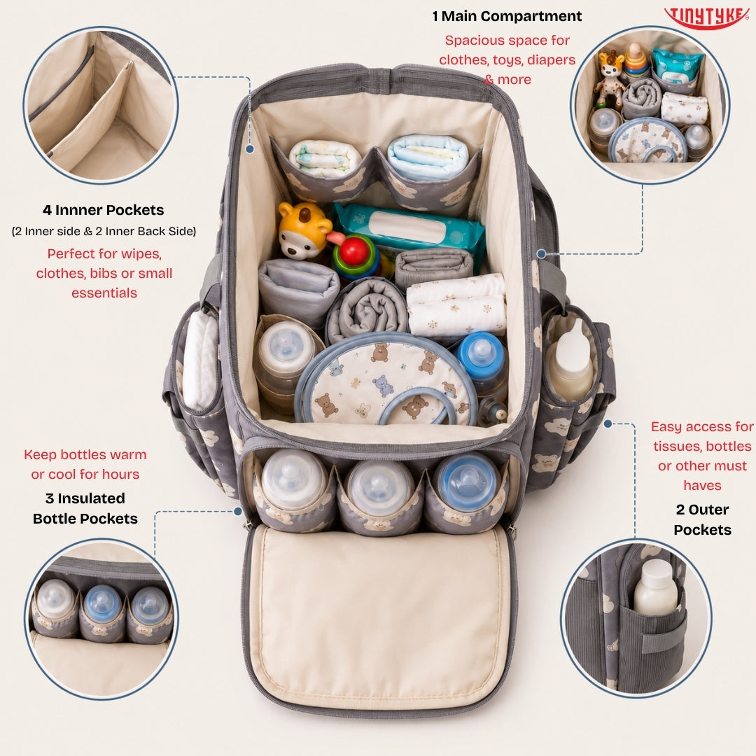 TinyTyke- Smart Organizer Baby Diaper Backpack Bag | Insulated Bottle Pockets