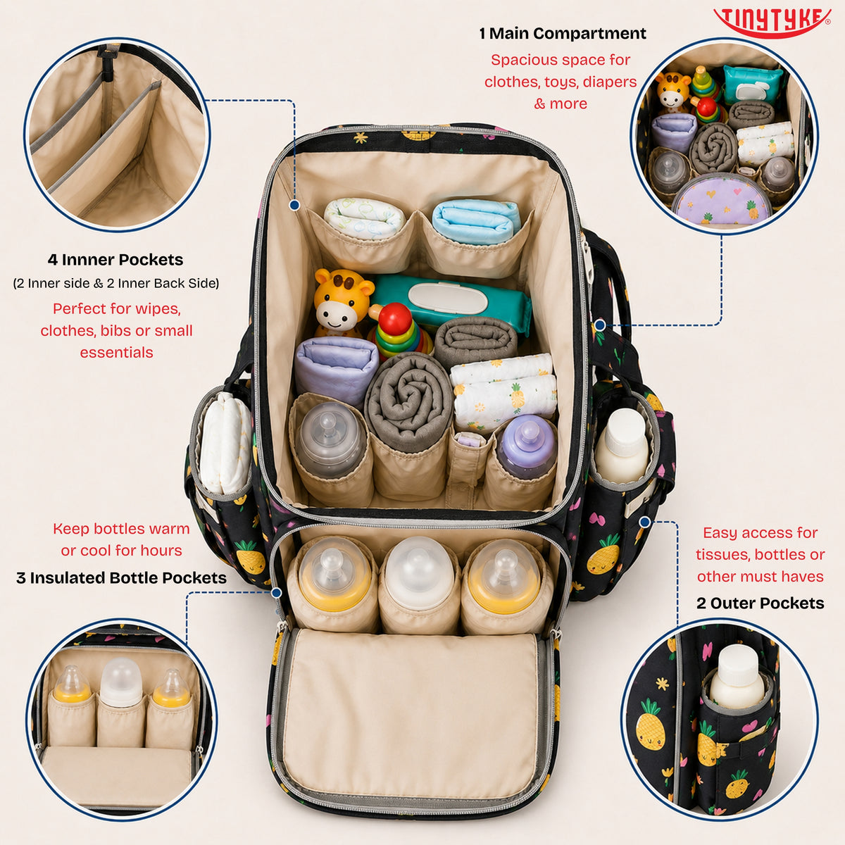 TinyTyke- Smart Organizer Baby Diaper Backpack Bag | Insulated Bottle Pockets