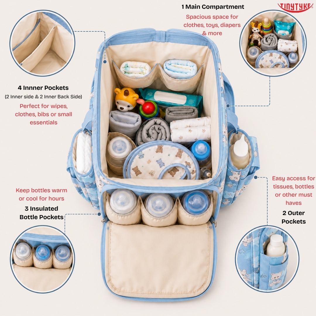 TinyTyke- Smart Organizer Baby Diaper Backpack Bag | Insulated Bottle Pockets