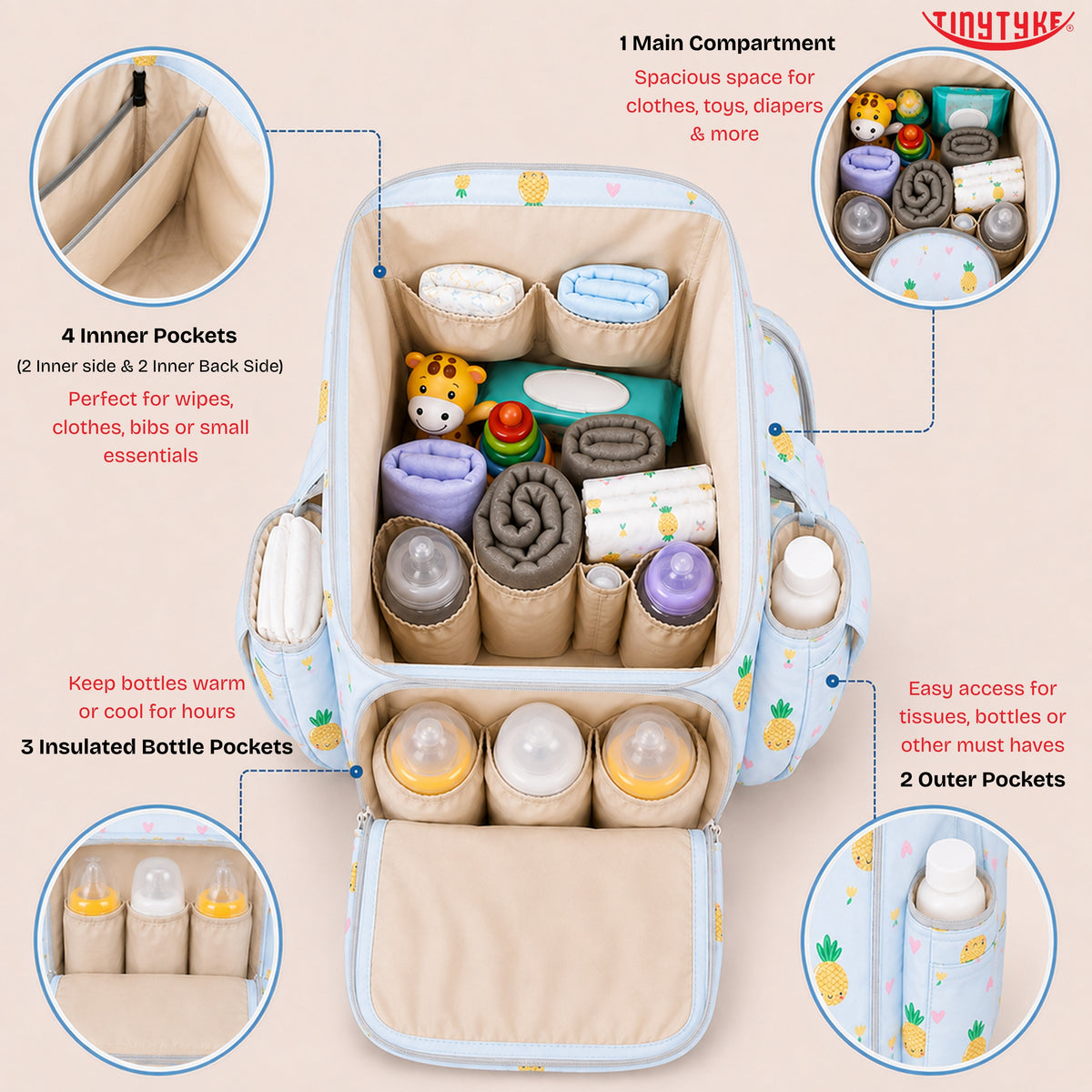 TinyTyke- Smart Organizer Baby Diaper Backpack Bag | Insulated Bottle Pockets