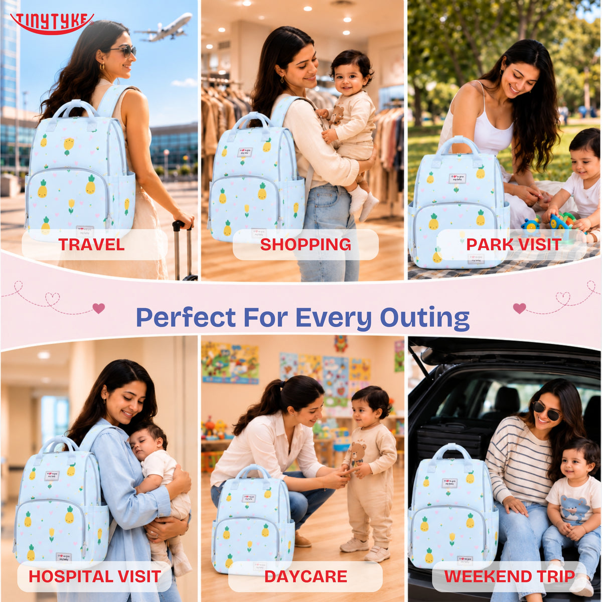 TinyTyke- Smart Organizer Baby Diaper Backpack Bag | Insulated Bottle Pockets