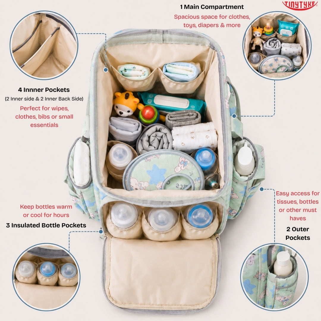 TinyTyke- Smart Organizer Baby Diaper Backpack Bag | Insulated Bottle Pockets