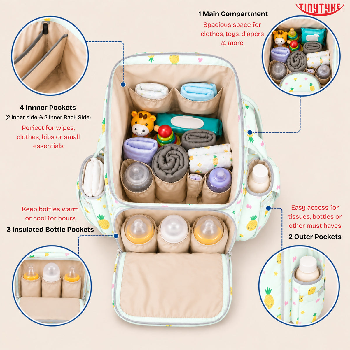 TinyTyke- Smart Organizer Baby Diaper Backpack Bag | Insulated Bottle Pockets