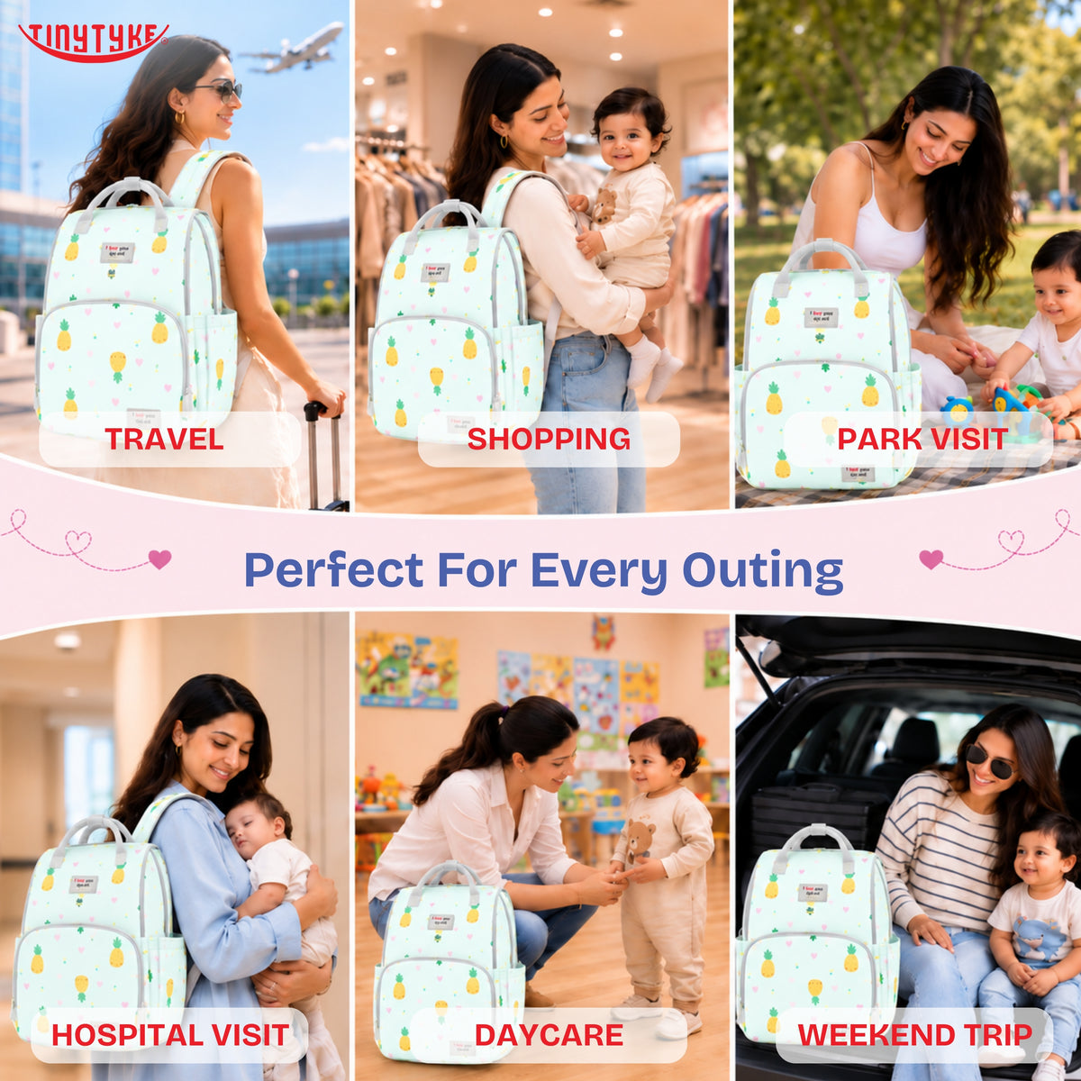TinyTyke- Smart Organizer Baby Diaper Backpack Bag | Insulated Bottle Pockets