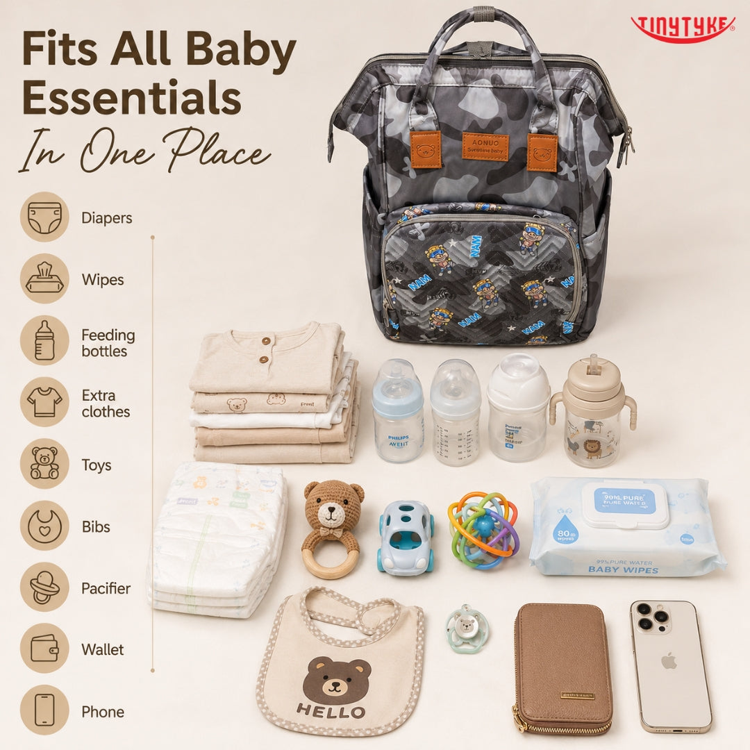 TinyTyke- Smart Organizer Baby Diaper Backpack Bag | Insulated Bottle Pockets