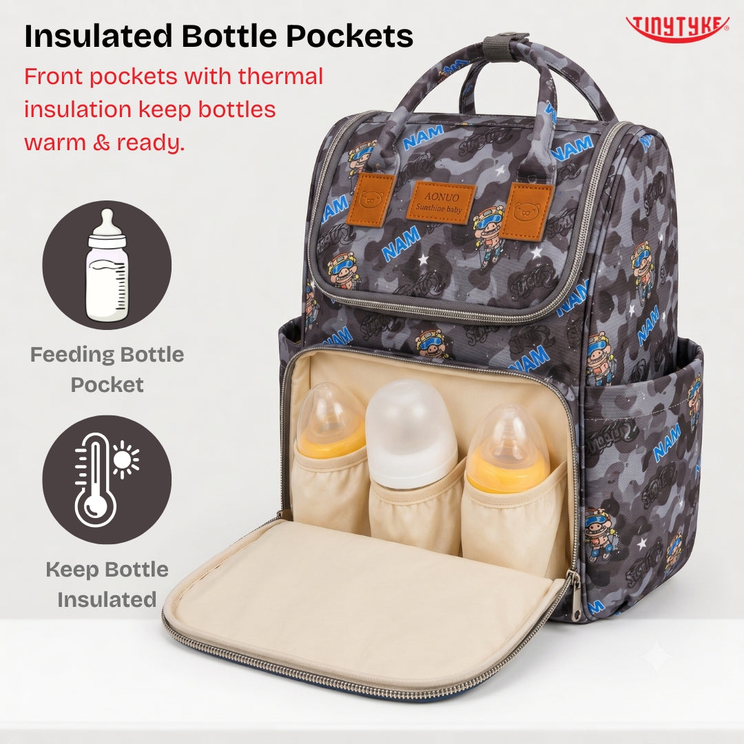 TinyTyke- Smart Organizer Baby Diaper Backpack Bag | Insulated Bottle Pockets