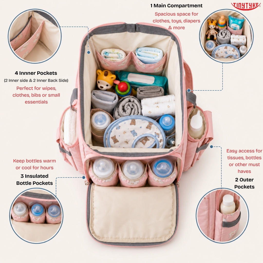 TinyTyke- Smart Organizer Baby Diaper Backpack Bag | Insulated Bottle Pockets