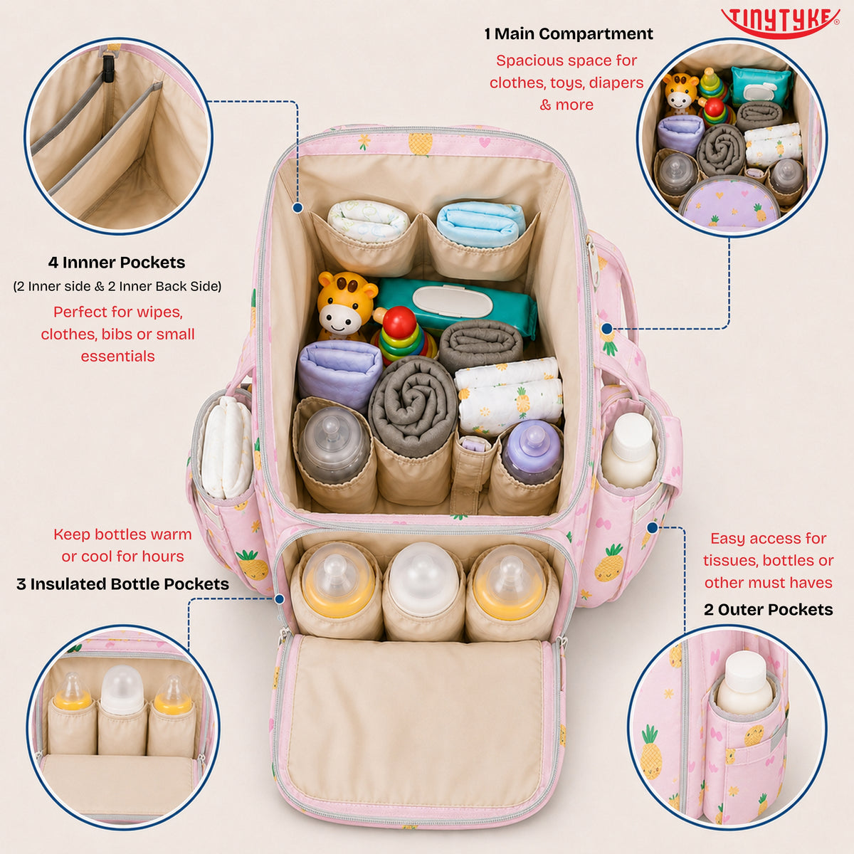 TinyTyke- Smart Organizer Baby Diaper Backpack Bag | Insulated Bottle Pockets