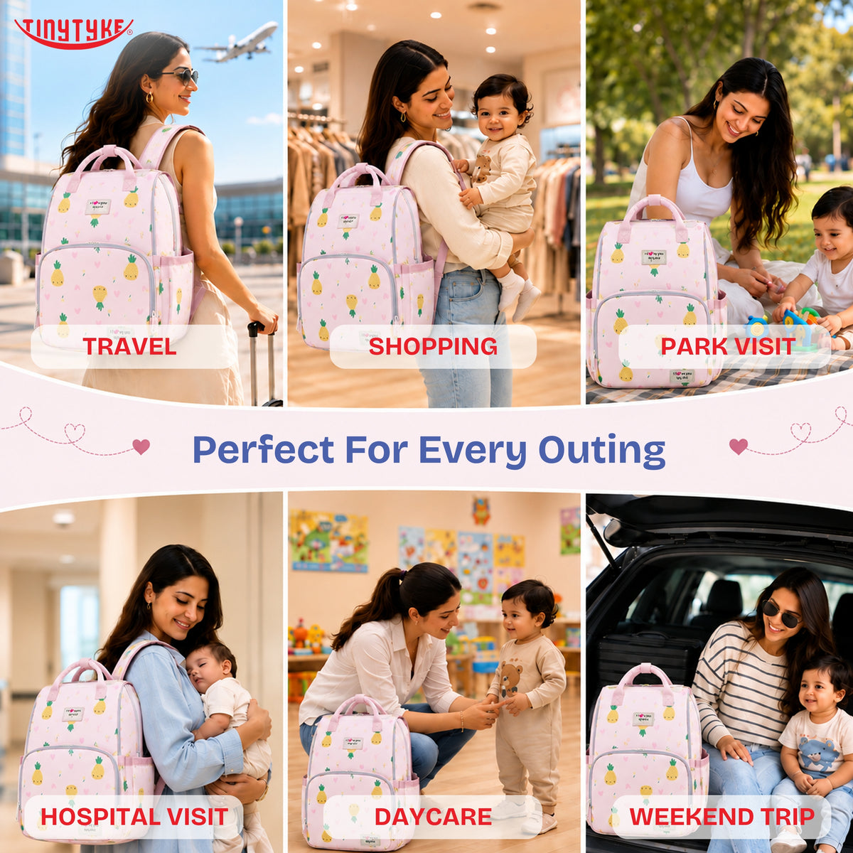 TinyTyke- Smart Organizer Baby Diaper Backpack Bag | Insulated Bottle Pockets