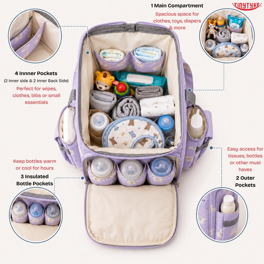 TinyTyke- Smart Organizer Baby Diaper Backpack Bag | Insulated Bottle Pockets