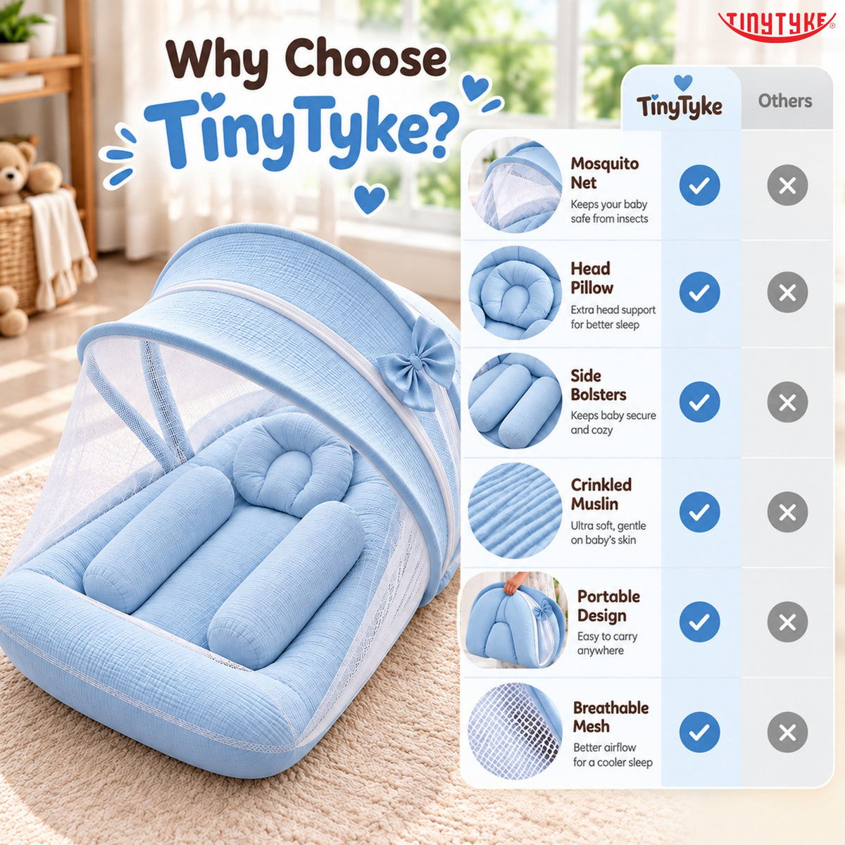 TinyTyke- Premium Crinkled Muslin Baby Mosquito Net Bed