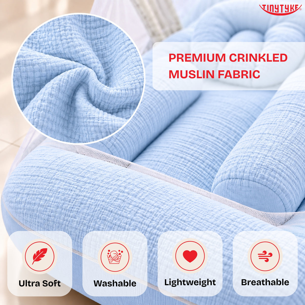 TinyTyke- Premium Crinkled Muslin Baby Mosquito Net Bed