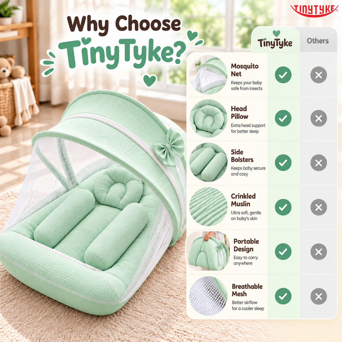 TinyTyke- Premium Crinkled Muslin Baby Mosquito Net Bed