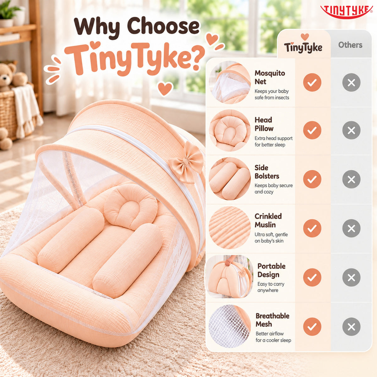 TinyTyke- Premium Crinkled Muslin Baby Mosquito Net Bed