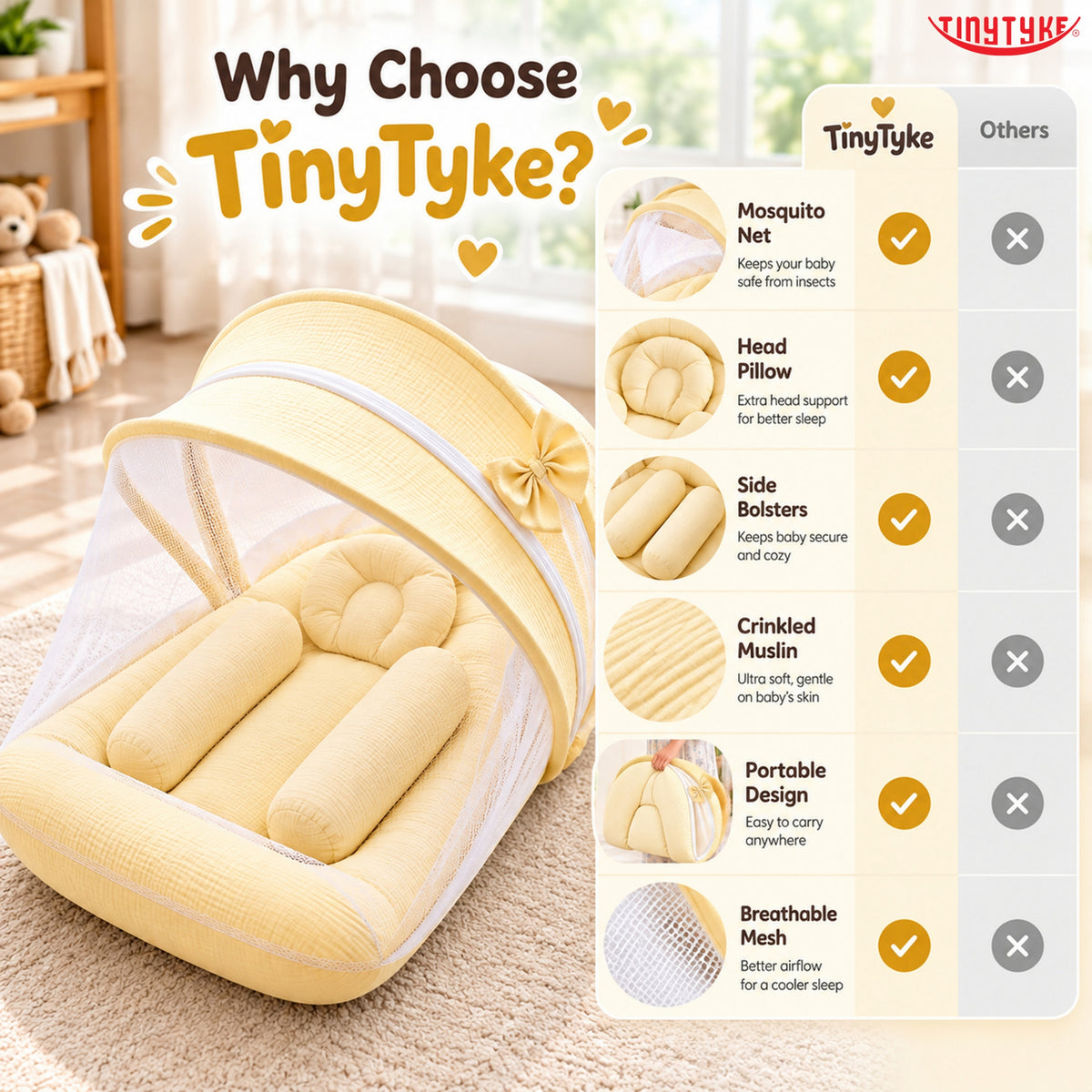 TinyTyke- Premium Crinkled Muslin Baby Mosquito Net Bed