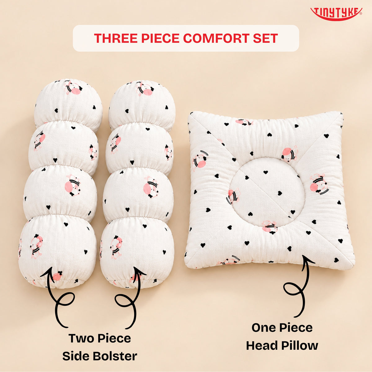 TinyTyke- Premium Muslin Baby Pillow Set with 2 Side Bolster Pillows & Head Support Pillow