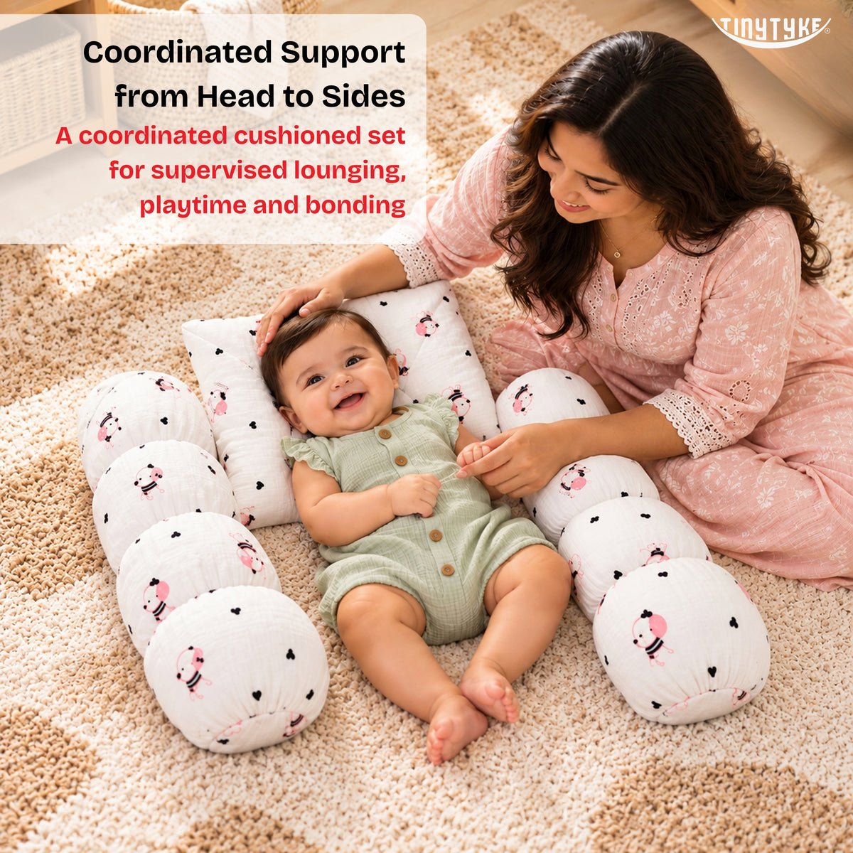 TinyTyke- Premium Muslin Baby Pillow Set with 2 Side Bolster Pillows & Head Support Pillow