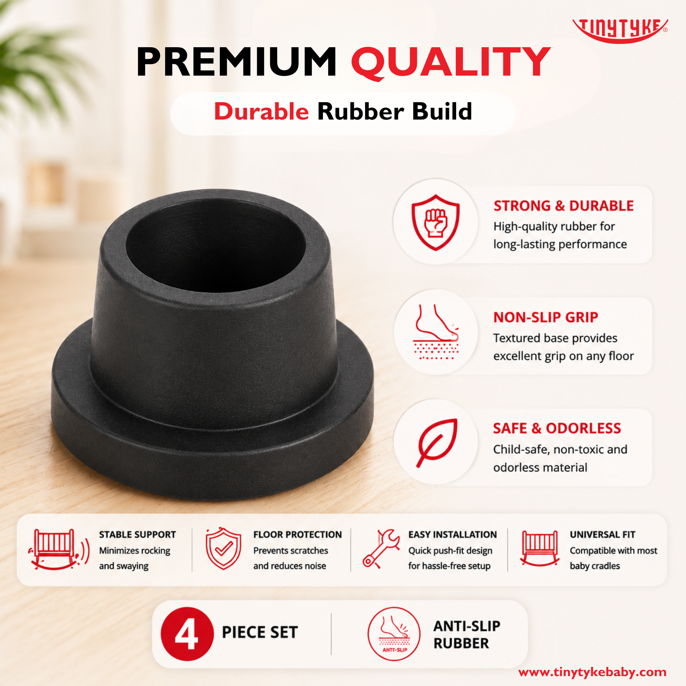 Black rubber baby furniture leg with product features on a light background