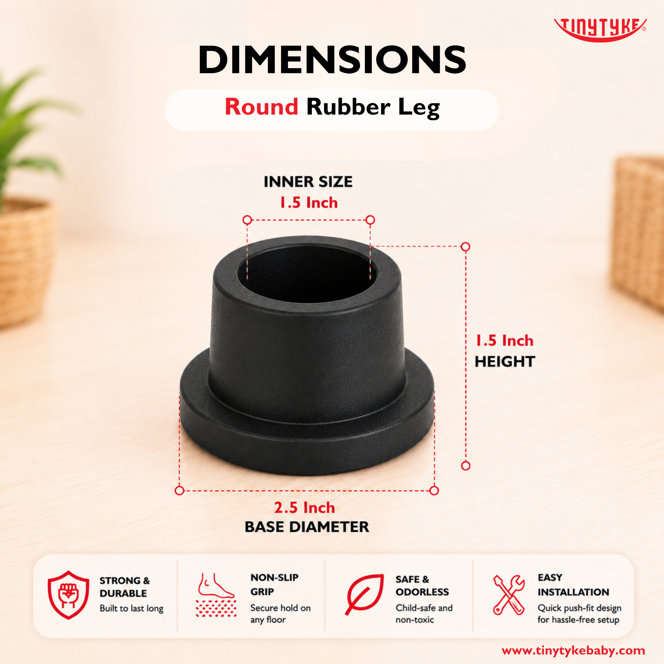 Round rubber leg with dimensions and features on a beige background
