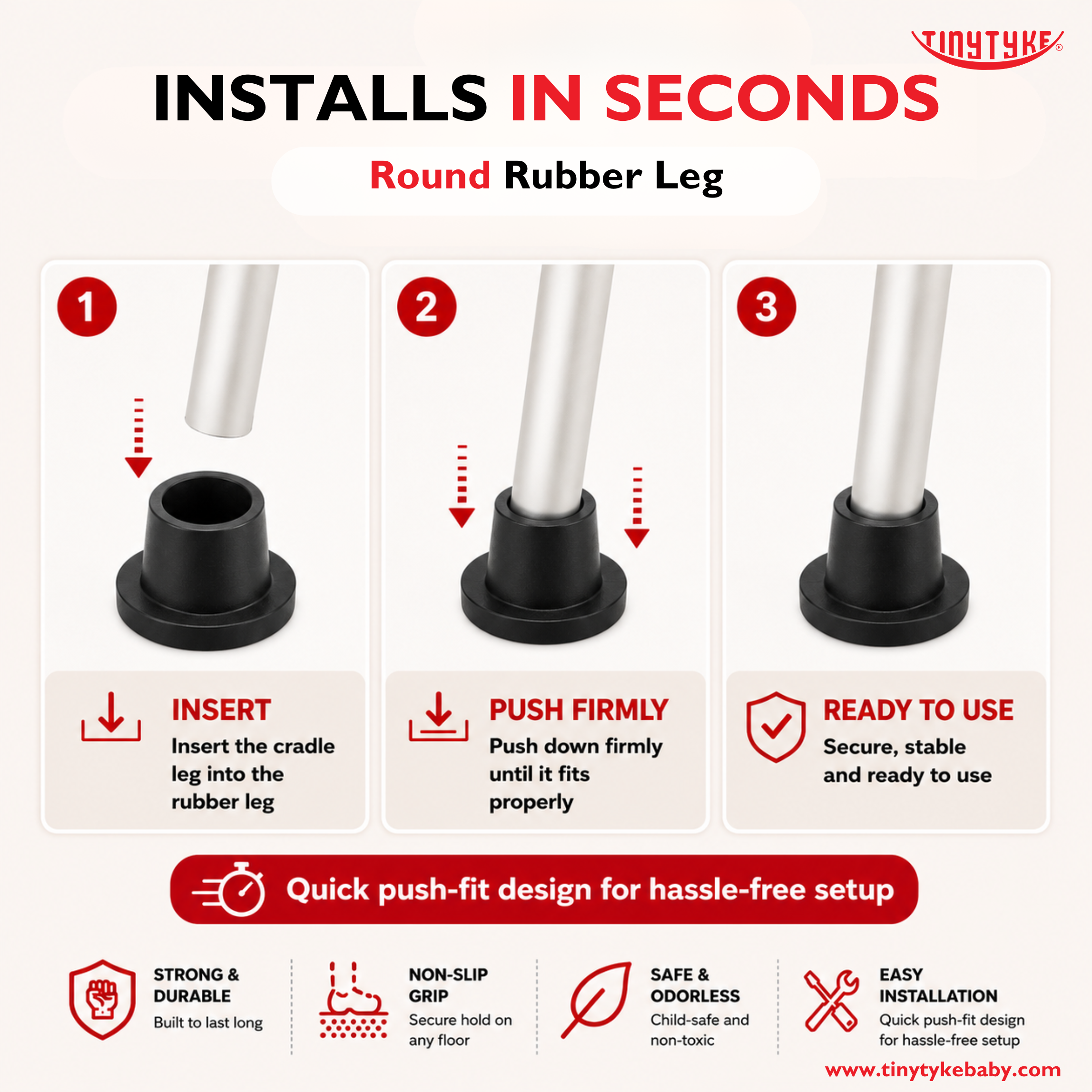 Step-by-step guide on how to install a round rubber leg with Tintyke branding.