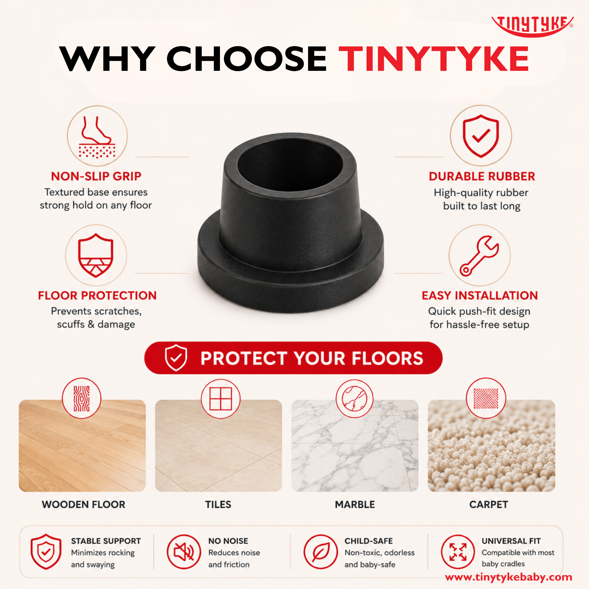 Promotional graphic for TinyTyke products highlighting features and benefits on a white background.