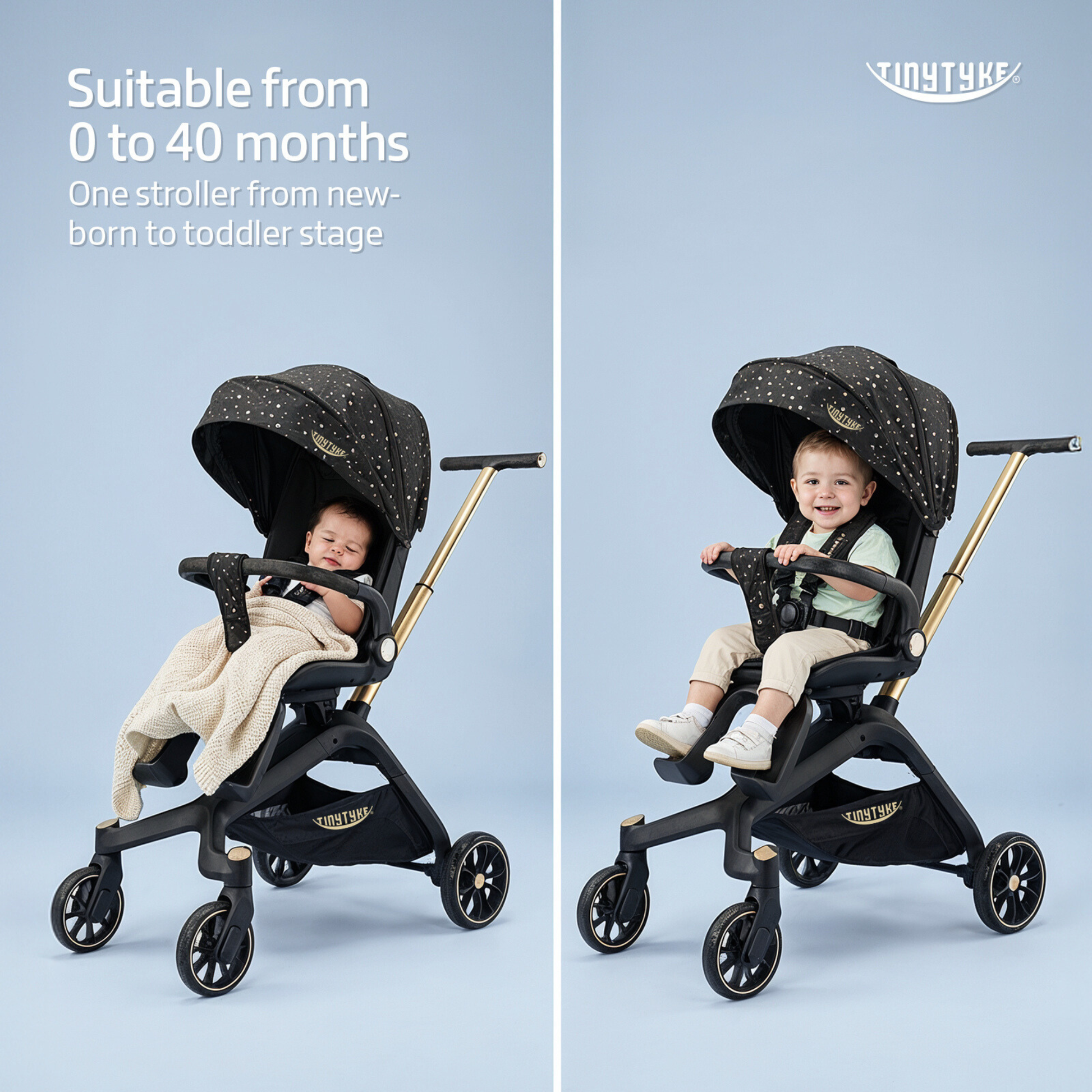 TinyTyke Urban Glide (T6) Luxury Stroller with Parent-Facing and Forward-Facing Reversible Seat | Newborn Ready with 3-Position Recline and One-touch Fold (0-40 Months)