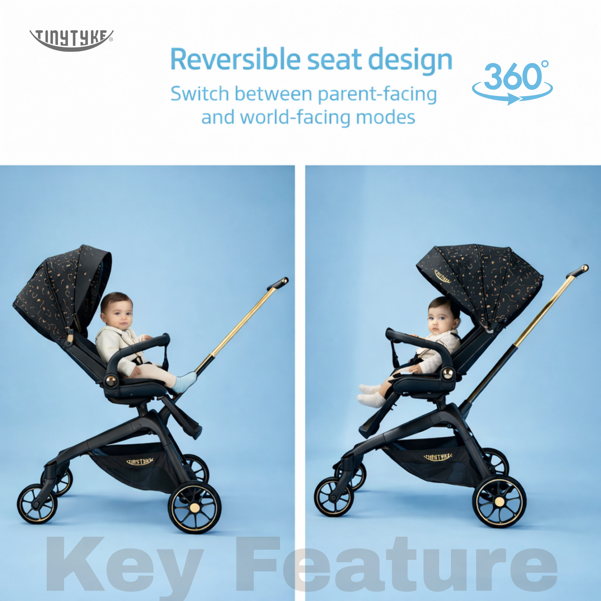 TinyTyke Urban Glide (T6) Luxury Stroller with Parent-Facing and Forward-Facing Reversible Seat | Newborn Ready with 3-Position Recline and One-touch Fold (0-40 Months)