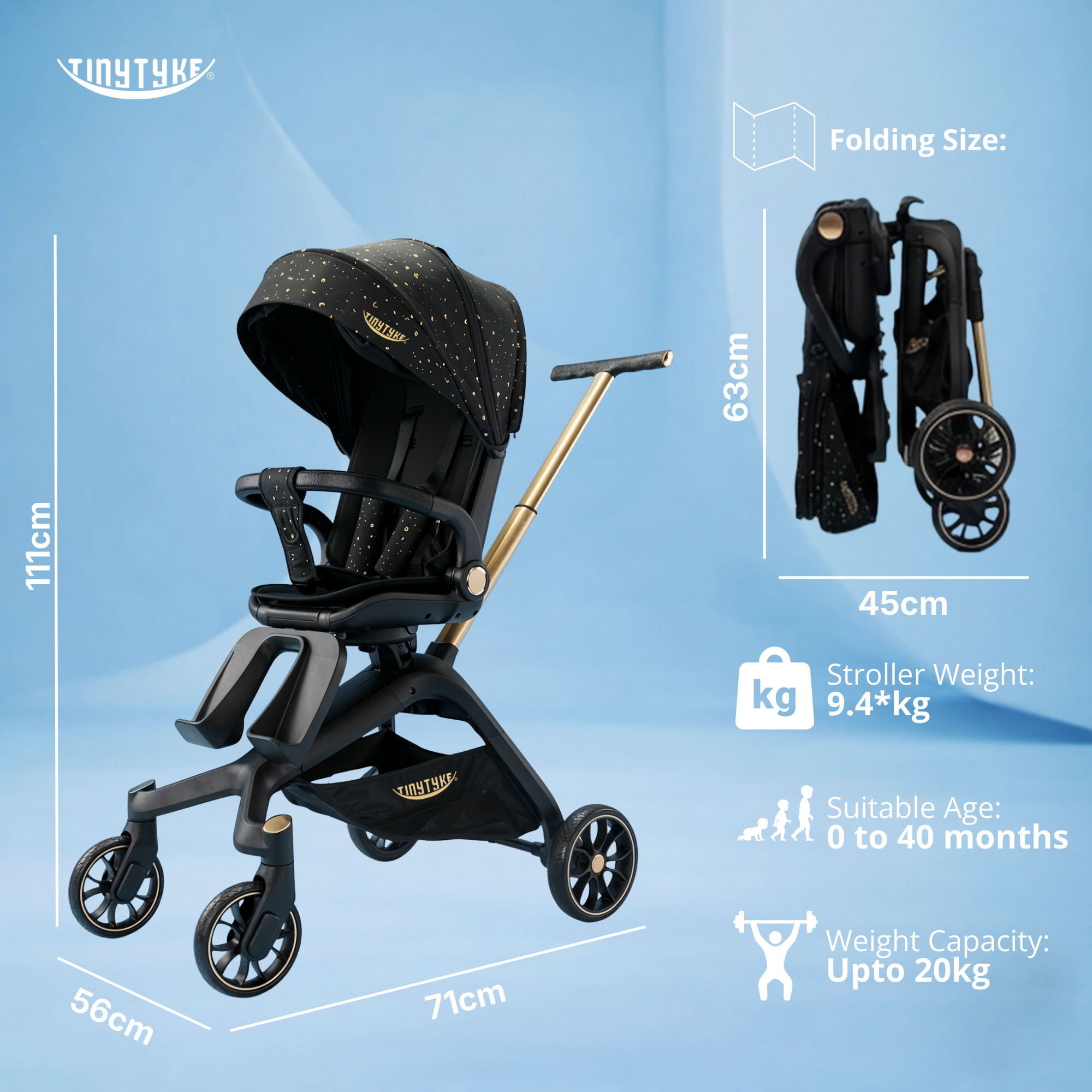 TinyTyke Urban Glide (T6) Luxury Stroller with Parent-Facing and Forward-Facing Reversible Seat | Newborn Ready with 3-Position Recline and One-touch Fold (0-40 Months)