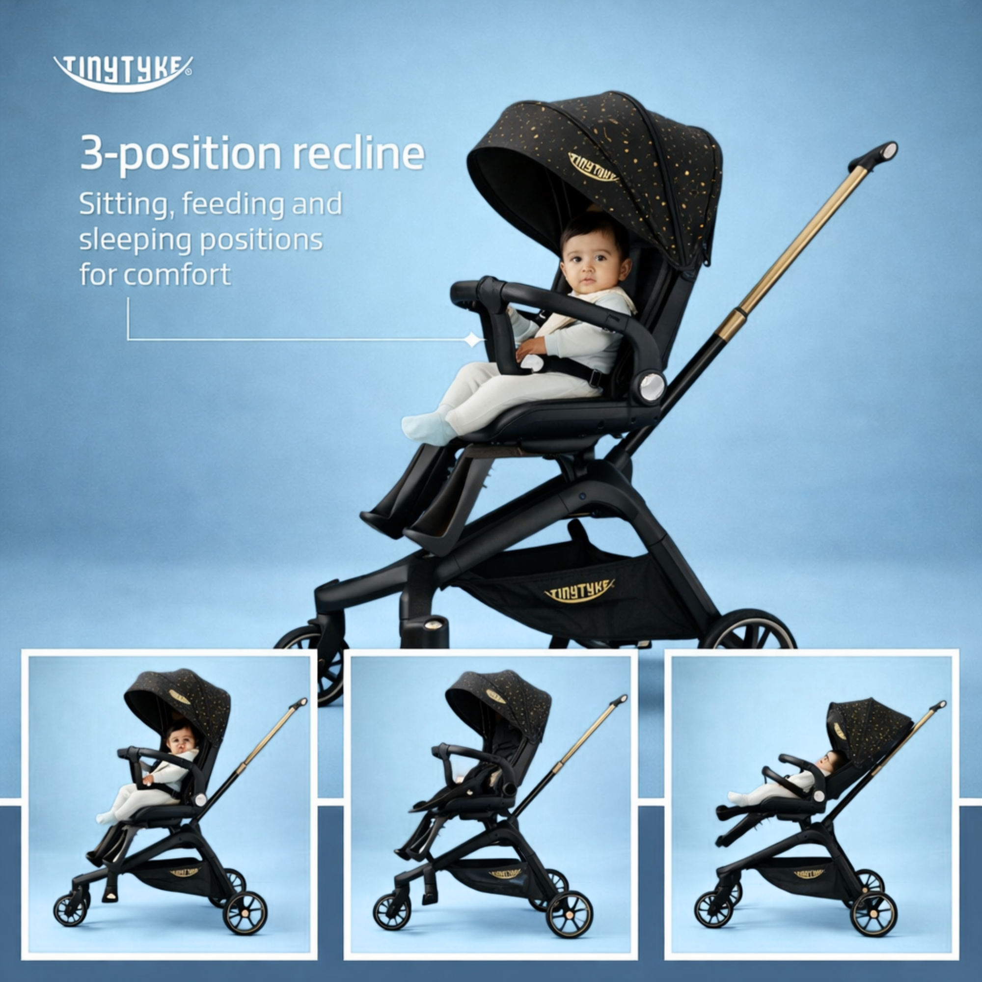 TinyTyke Urban Glide (T6) Luxury Stroller with Parent-Facing and Forward-Facing Reversible Seat | Newborn Ready with 3-Position Recline and One-touch Fold (0-40 Months)