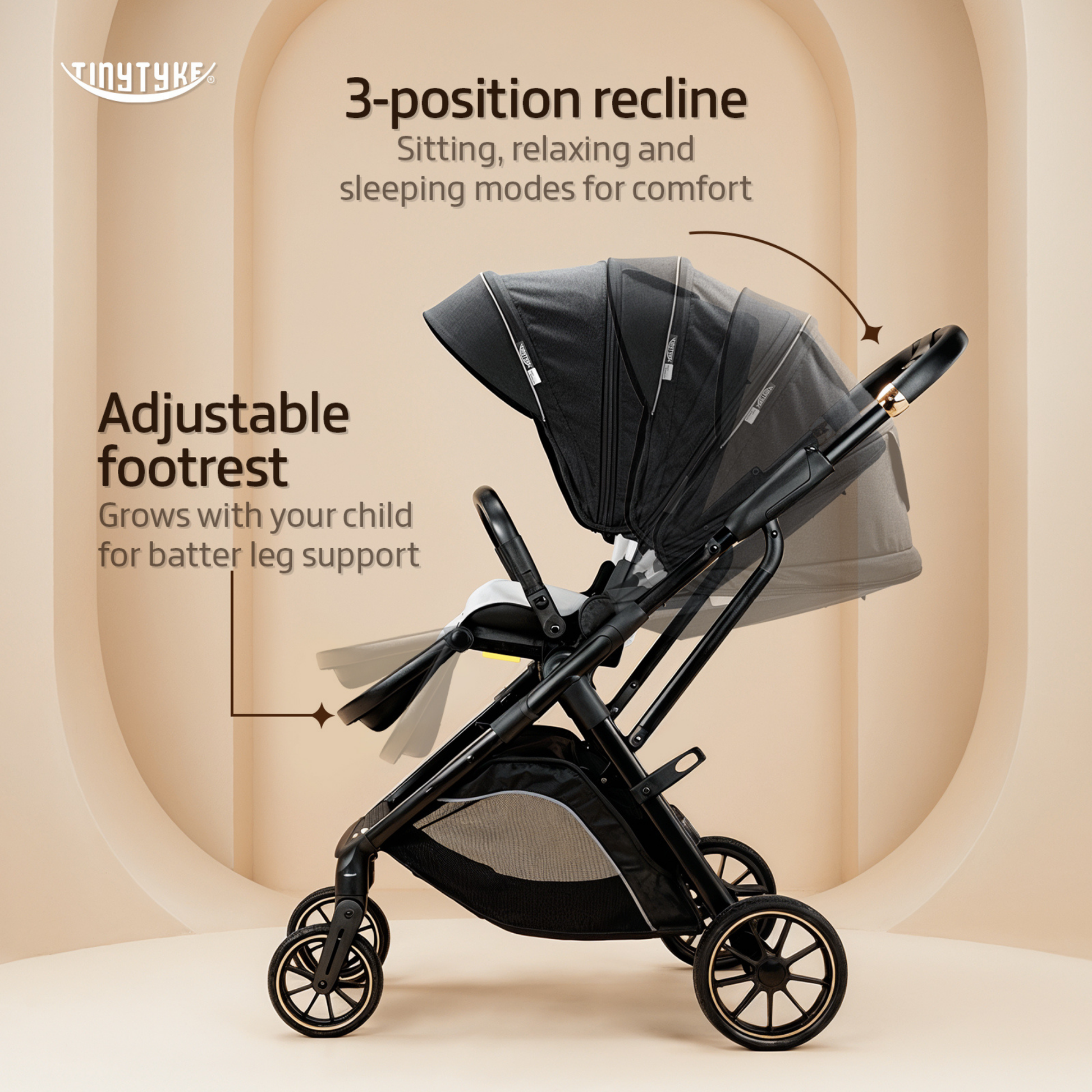 TinyTyke Urban Glide (T7) Two Essentials, One Purchase | Travel System Stroller with Car Seat (Optional) & Reversible Seating | 3-Position Recline and One-touch Fold (0-40 Months)
