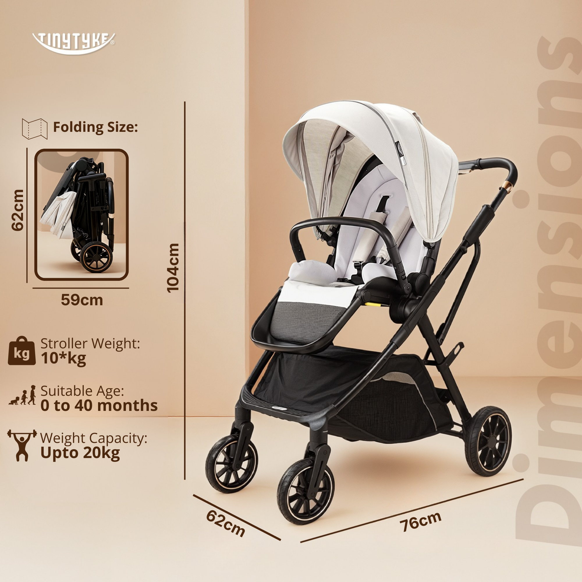 TinyTyke Urban Glide (T7) Two Essentials, One Purchase | Travel System Stroller with Car Seat (Optional) & Reversible Seating | 3-Position Recline and One-touch Fold (0-40 Months)