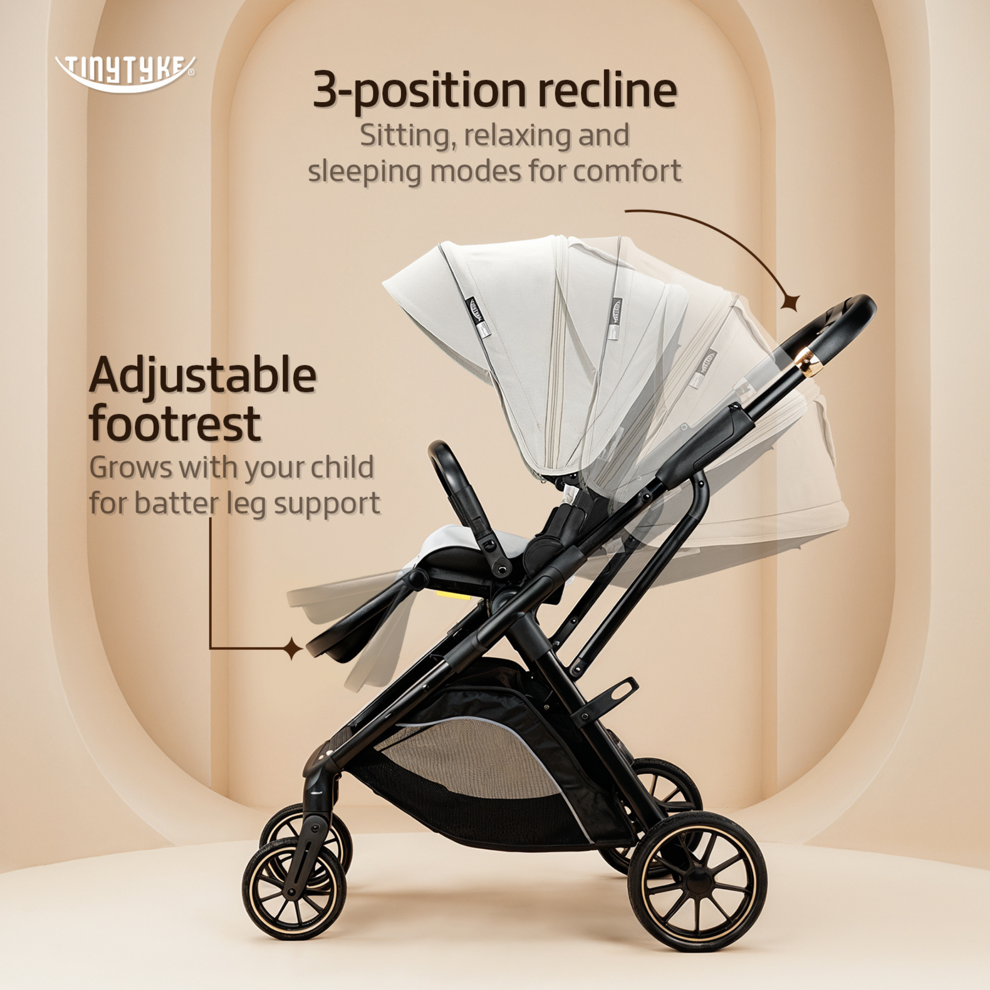 TinyTyke Urban Glide (T7) Two Essentials, One Purchase | Travel System Stroller with Car Seat (Optional) & Reversible Seating | 3-Position Recline and One-touch Fold (0-40 Months)