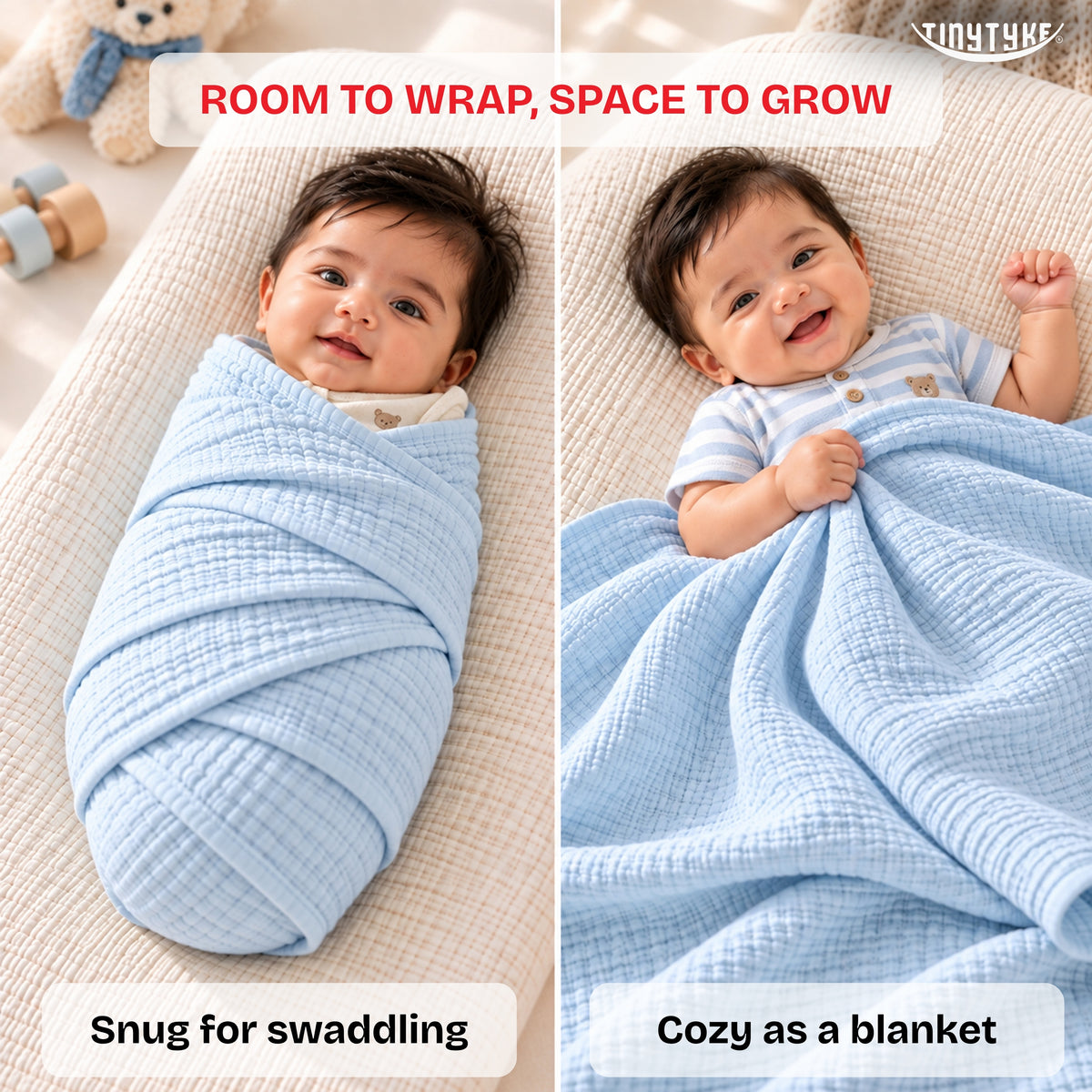 TinyTyke- Premium Crinkled Muslin Swaddle Cum Blanket For Newborn Babies