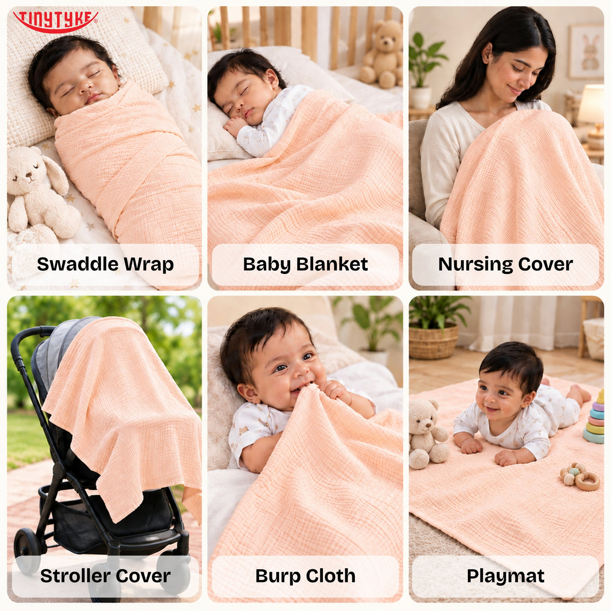 TinyTyke- Premium Crinkled Muslin Swaddle Cum Blanket For Newborn Babies