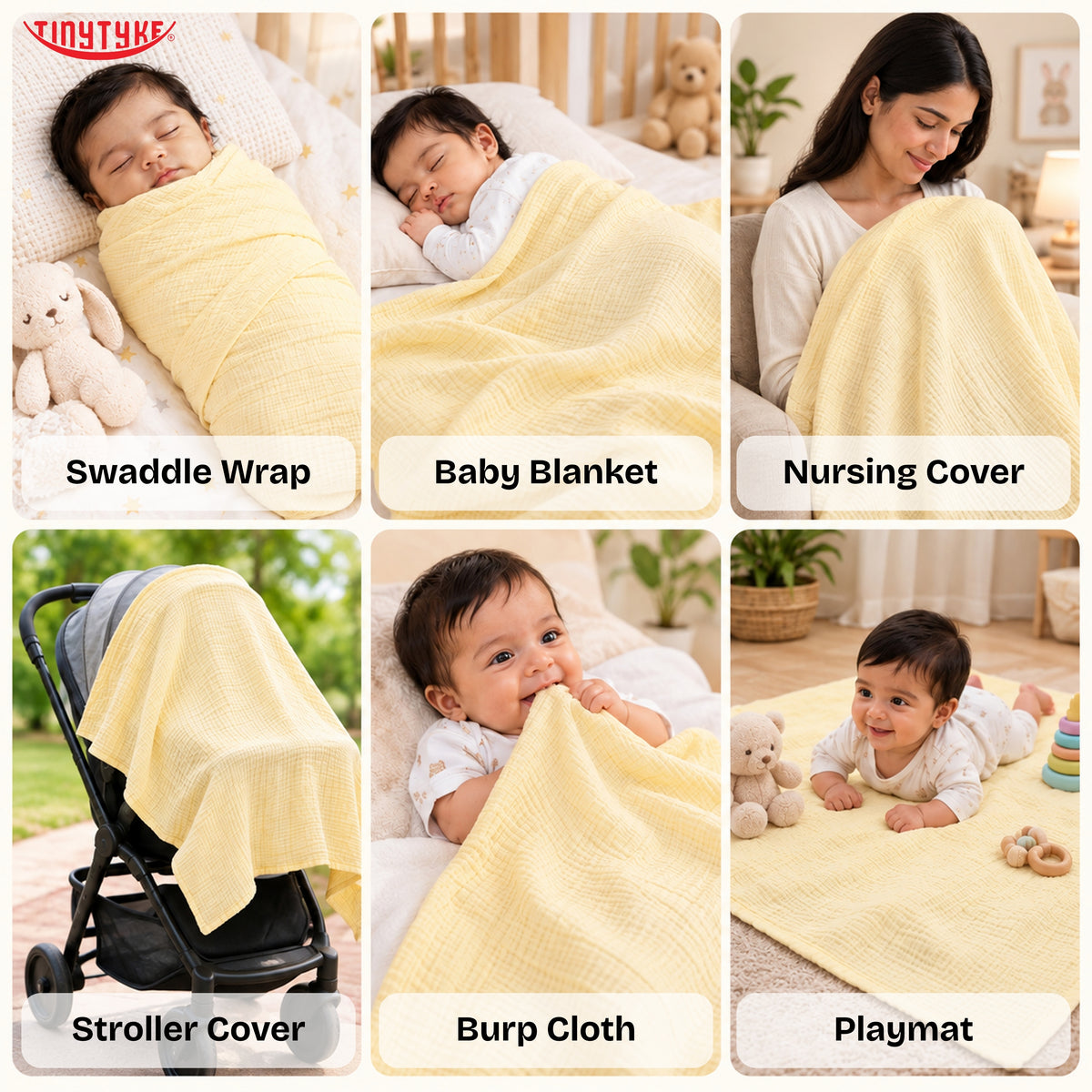 TinyTyke- Premium Crinkled Muslin Swaddle Cum Blanket For Newborn Babies