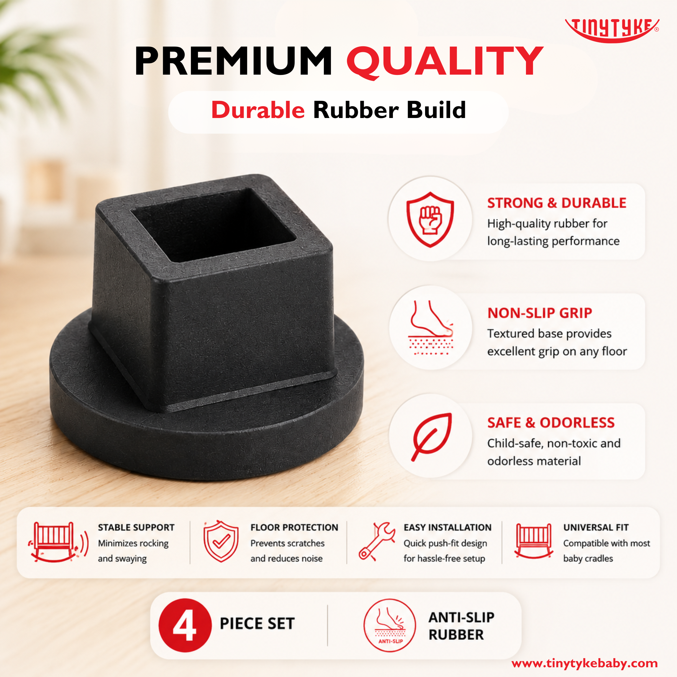 Black rubber foot protector with product features on a white background