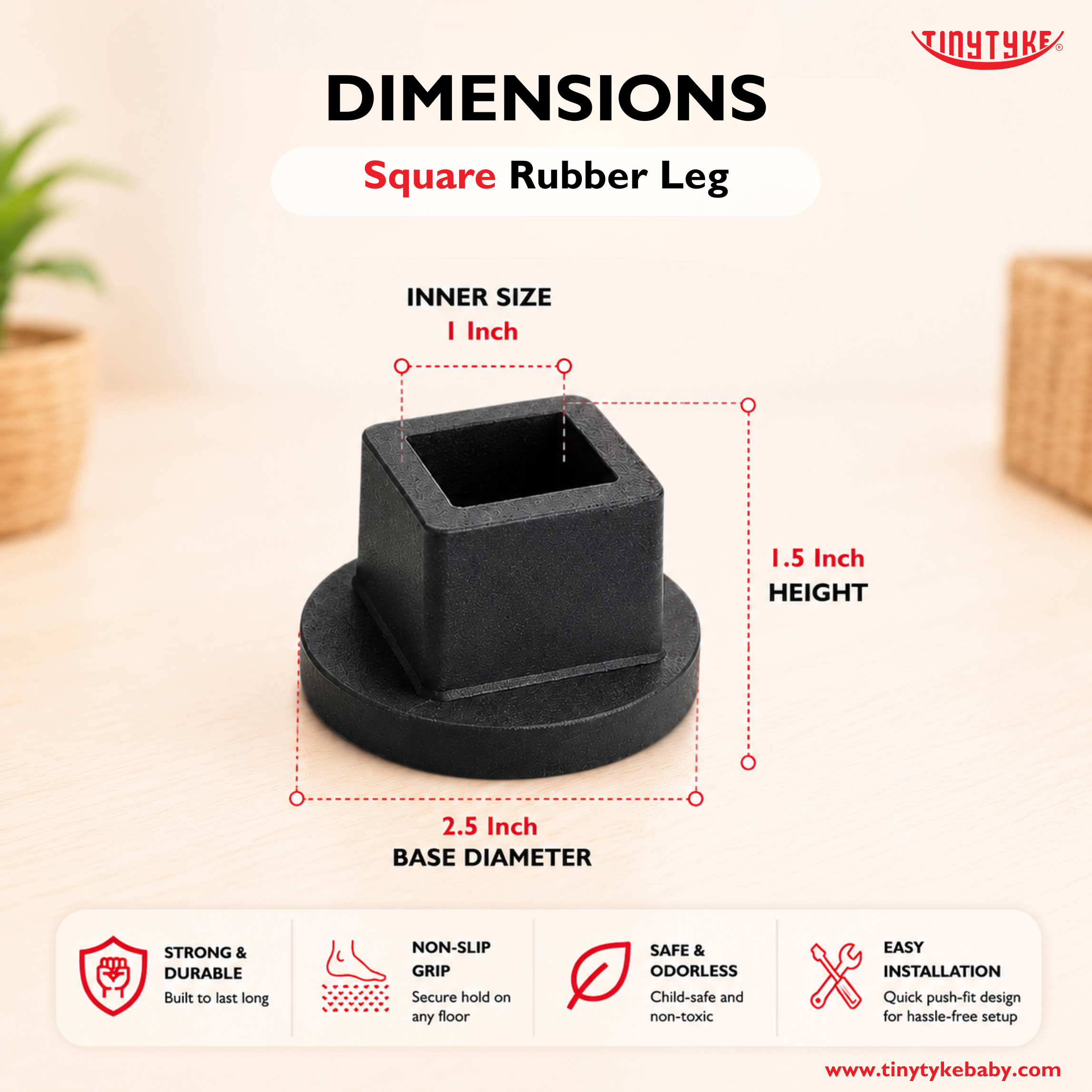 Square rubber leg with dimensions and features on a light background