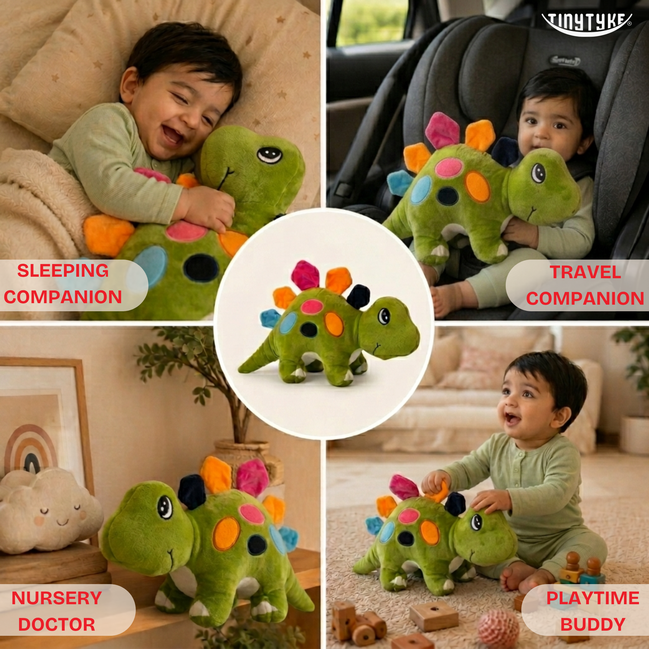 Collage of a child with TinyTyke — Plush Baby Dinosaur Soft Toy in various settings.