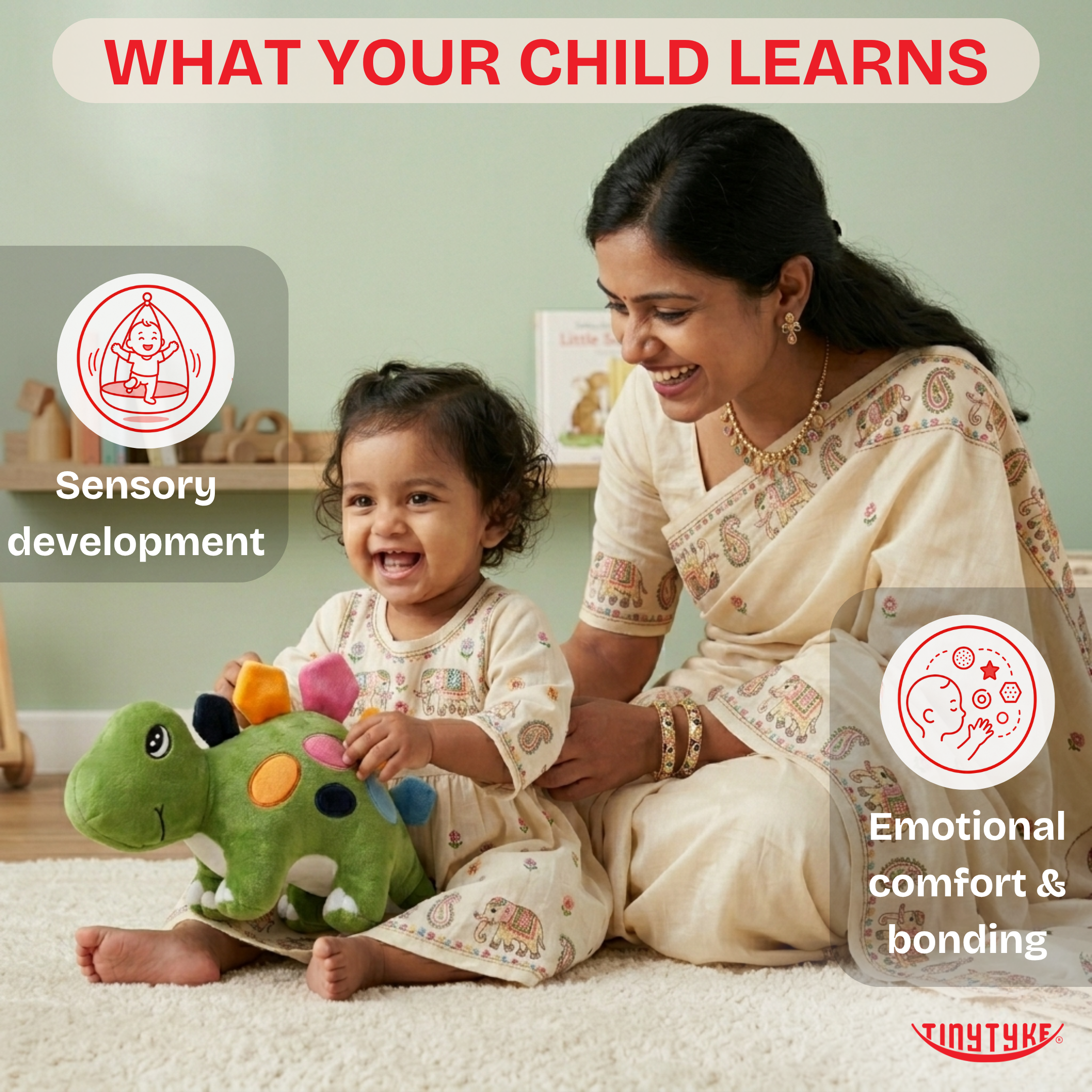 Woman and child playing with TinyTyke — Plush Baby Dinosaur Soft Toy, surrounded by educational text about sensory development and emotional comfort.