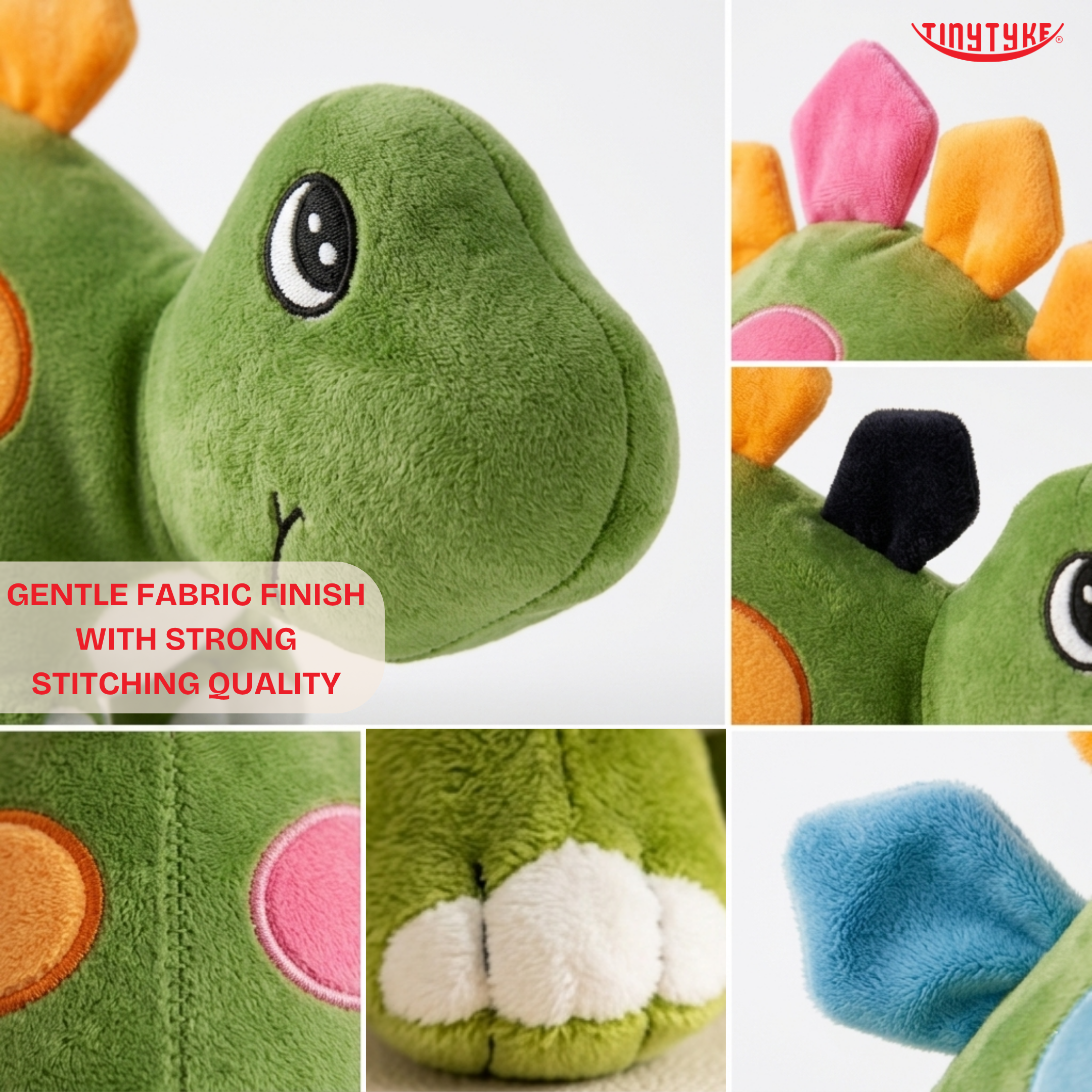 Collage of TinyTyke — Plush Baby Dinosaur Soft Toy with colorful accents, featuring the brand 'TinyTyke'.
