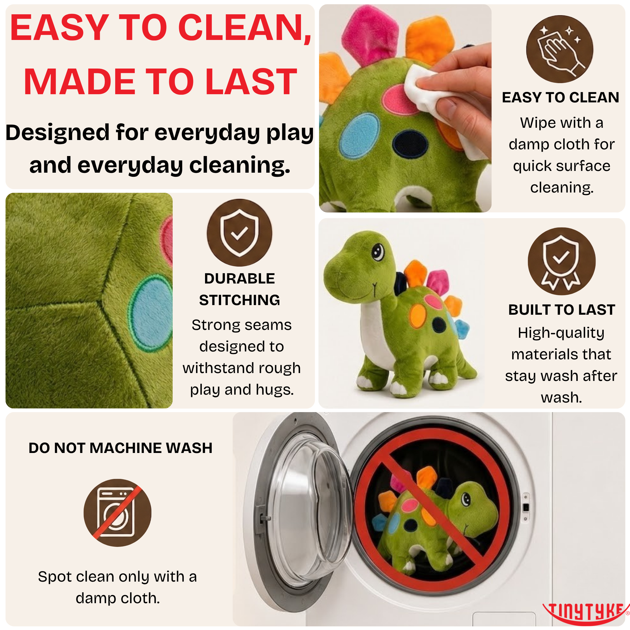 TinyTyke — Plush Baby Dinosaur Soft Toy with cleaning and durability features highlighted on a white background