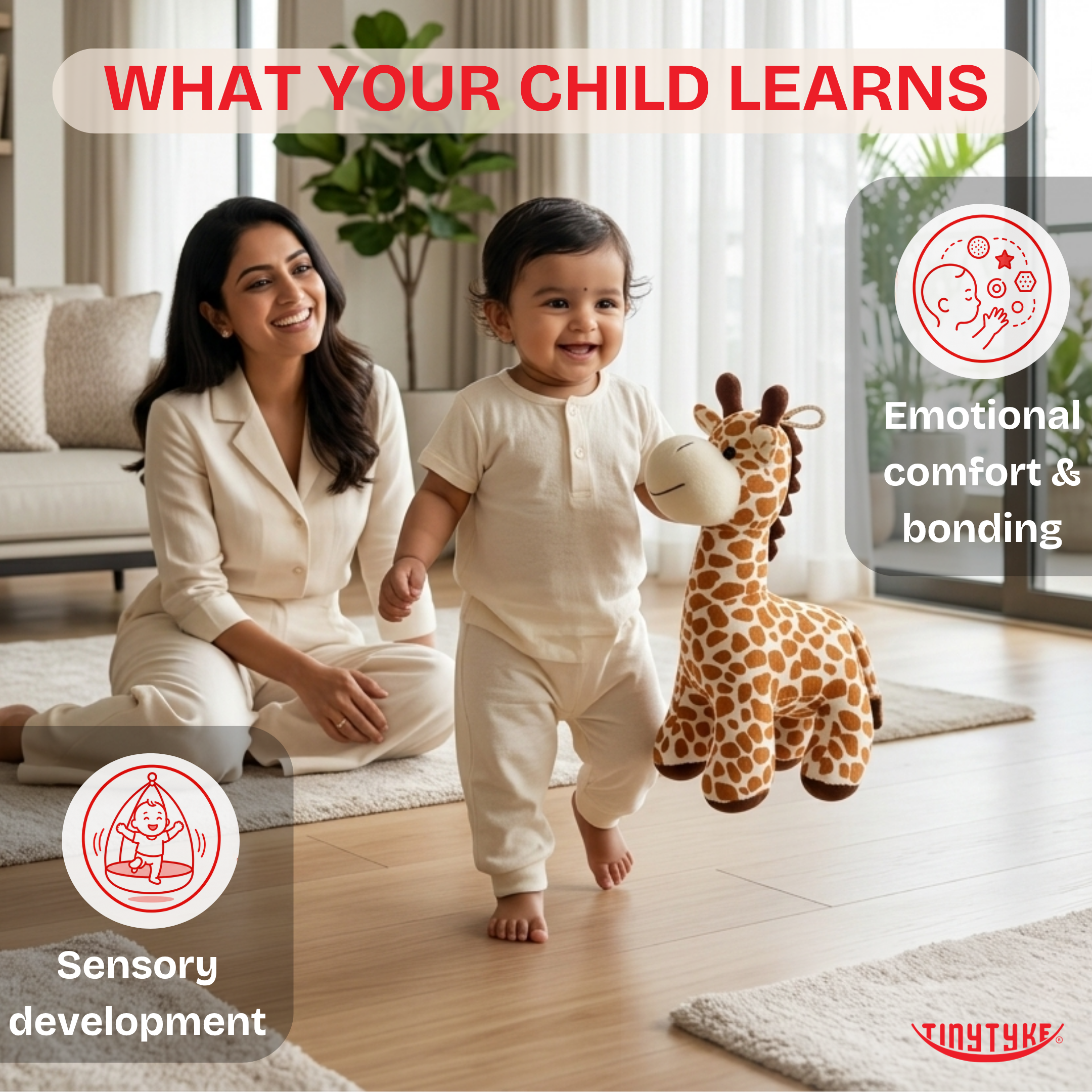 Woman and child playing with a TinyTyke — Plush Baby Giraffe Soft Toy in a bright living room, with text about learning and development.