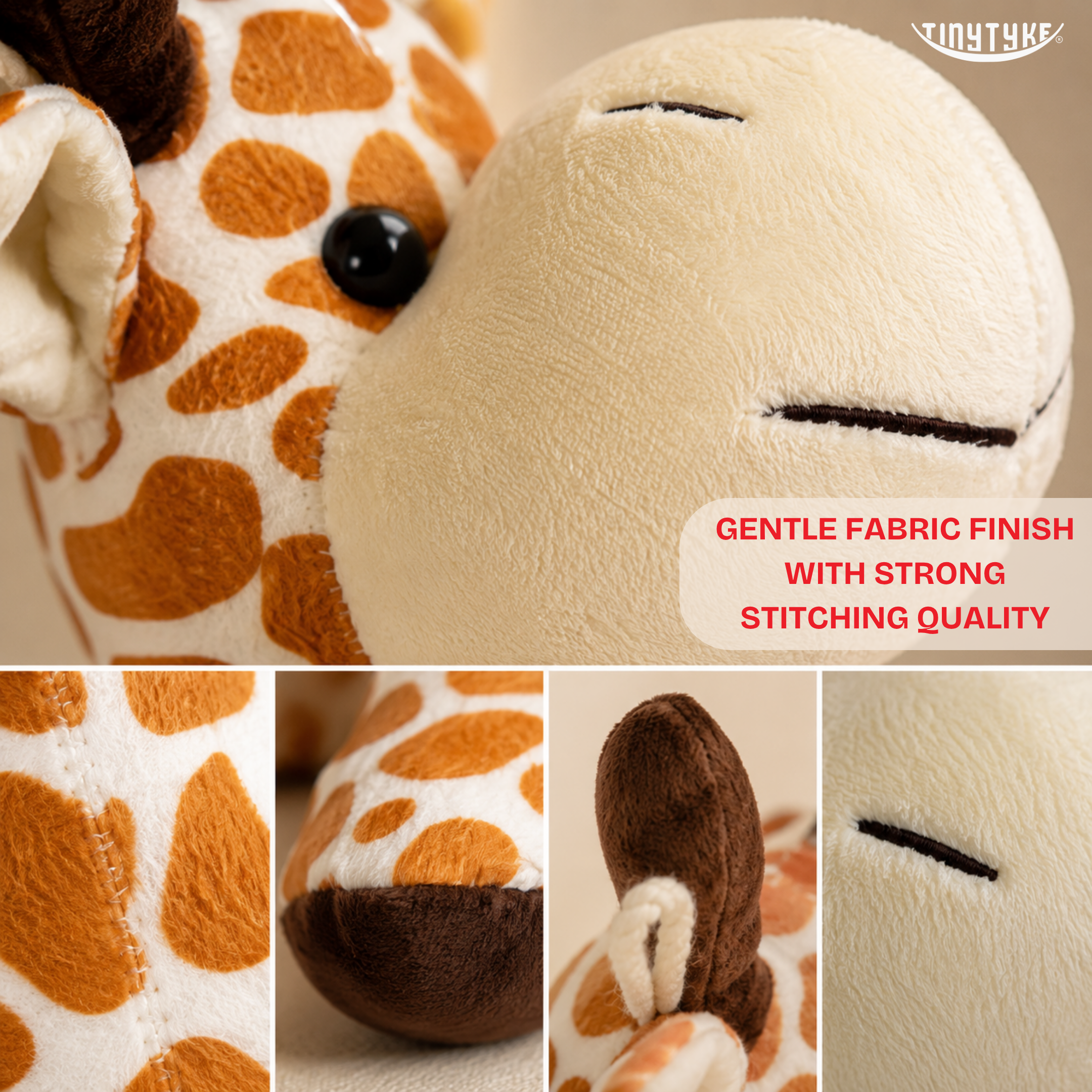 TinyTyke — Plush Baby Giraffe Soft Toy with close-up details and text about fabric finish and stitching quality.