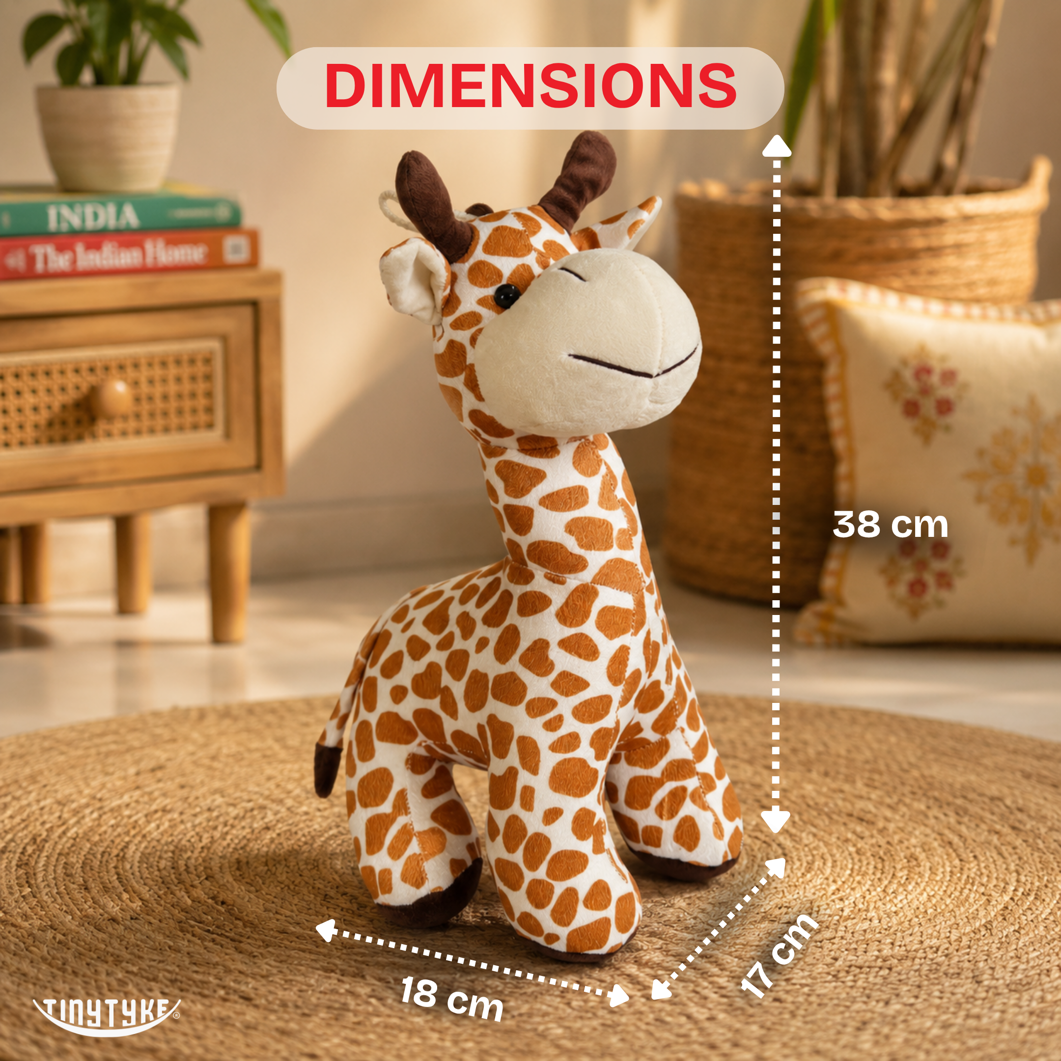 TinyTyke — Plush Baby Giraffe Soft Toy with dimensions indicated on a wooden floor.