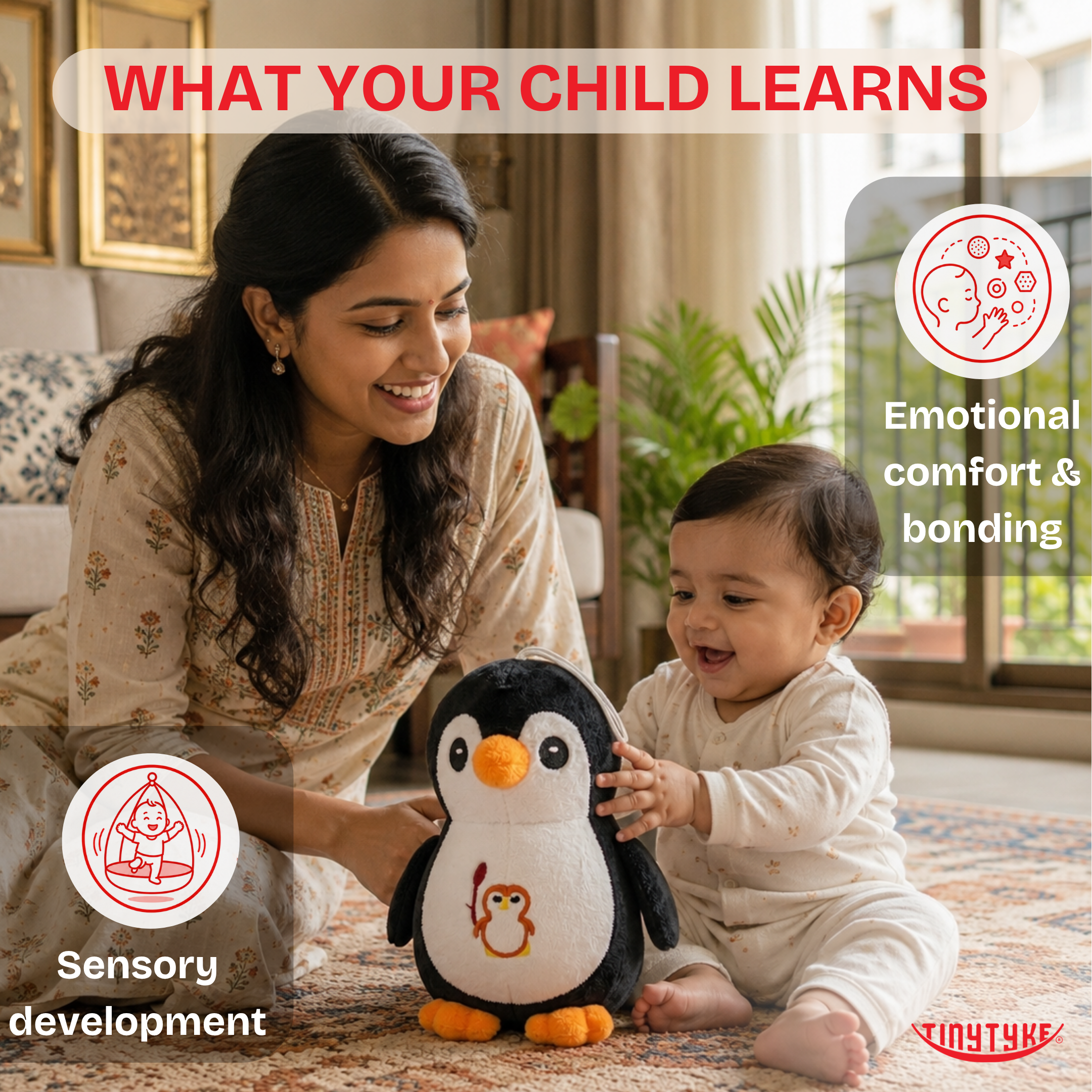 Woman and child playing with a TinyTyke — Plush Baby Penguin Soft Toy in a home setting, with text about learning and development.