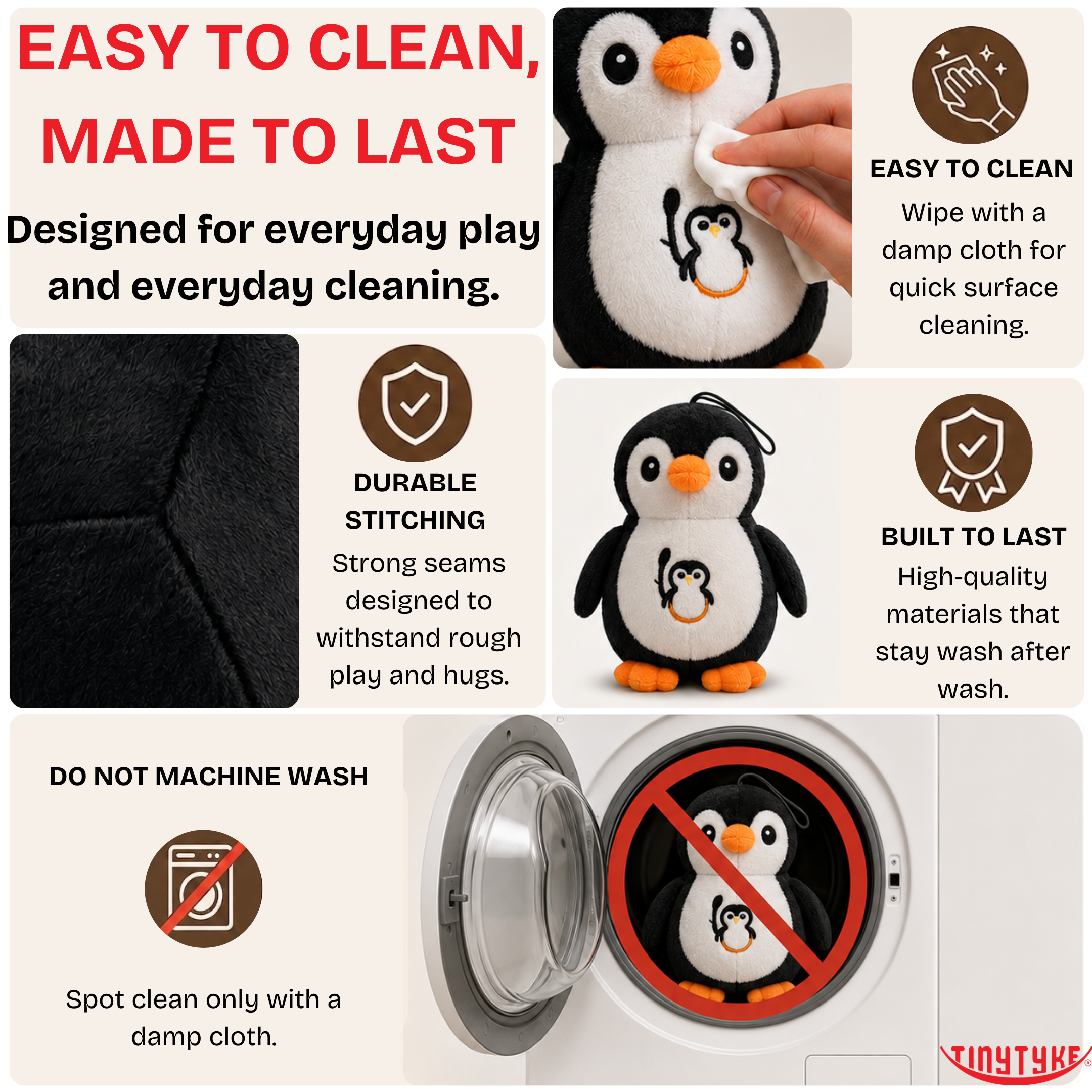 Product advertisement for a TinyTyke — Plush Baby Penguin Soft Toy with cleaning and durability features.