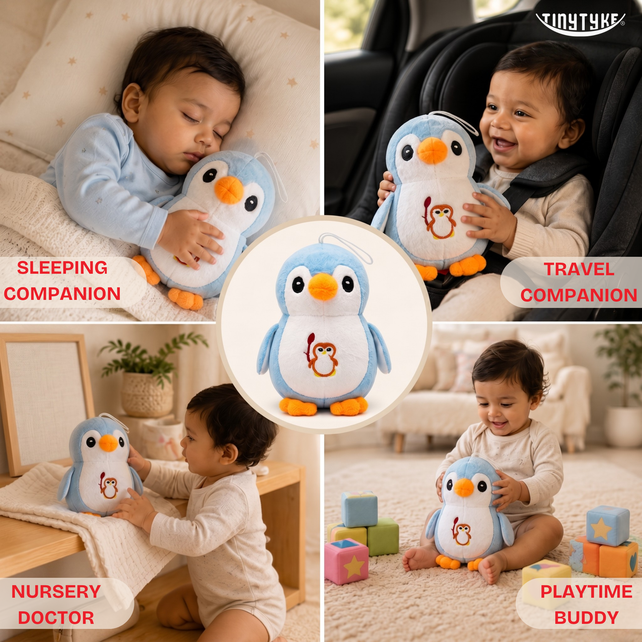 Collage of a child with a TinyTyke — Plush Baby Penguin Soft Toy in various settings, labeled as sleeping companion, travel companion, nursery doctor, and playtime buddy.
