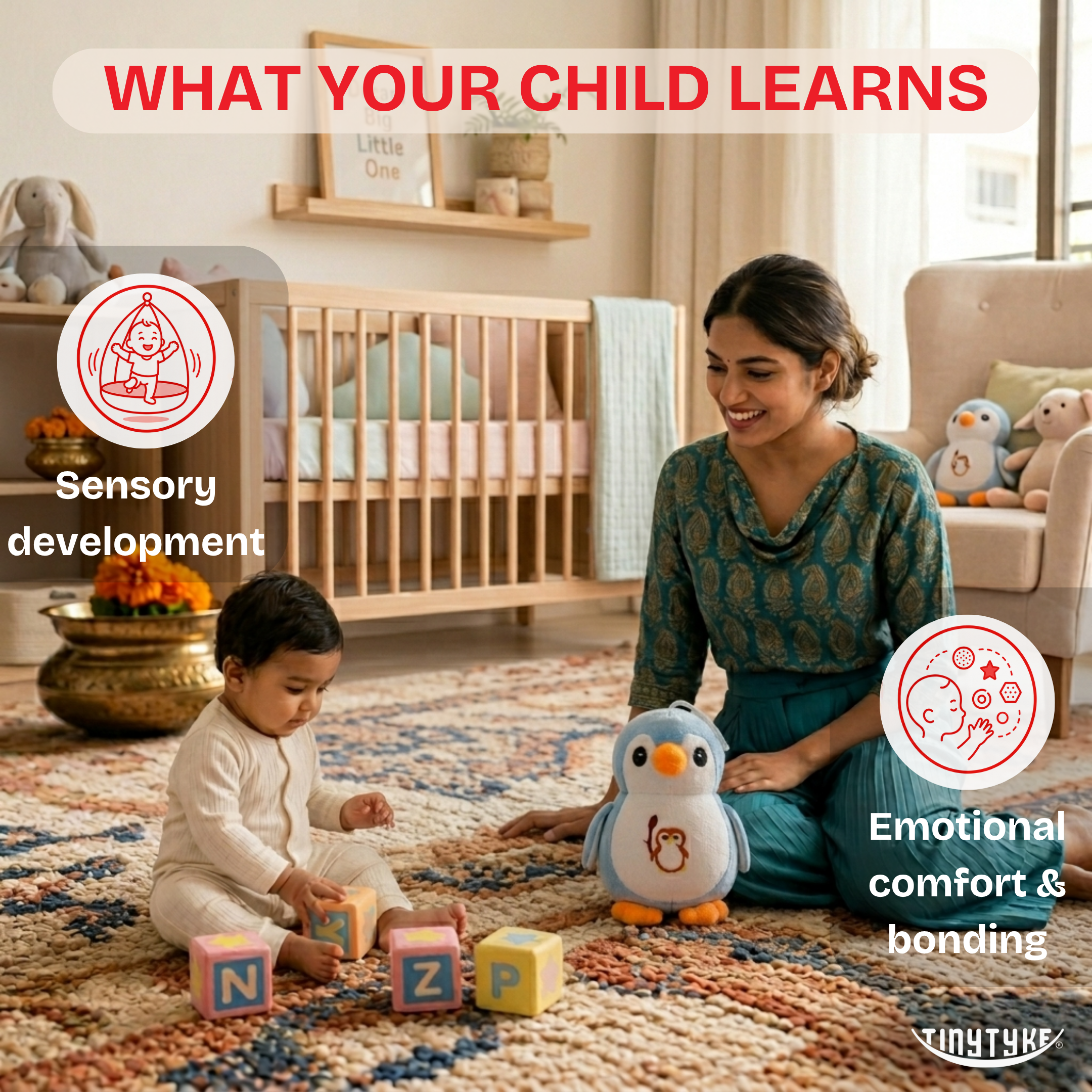 Woman and child playing with TinyTyke — Plush Baby Penguin Soft Toy in a nursery, emphasizing sensory development and emotional comfort.
