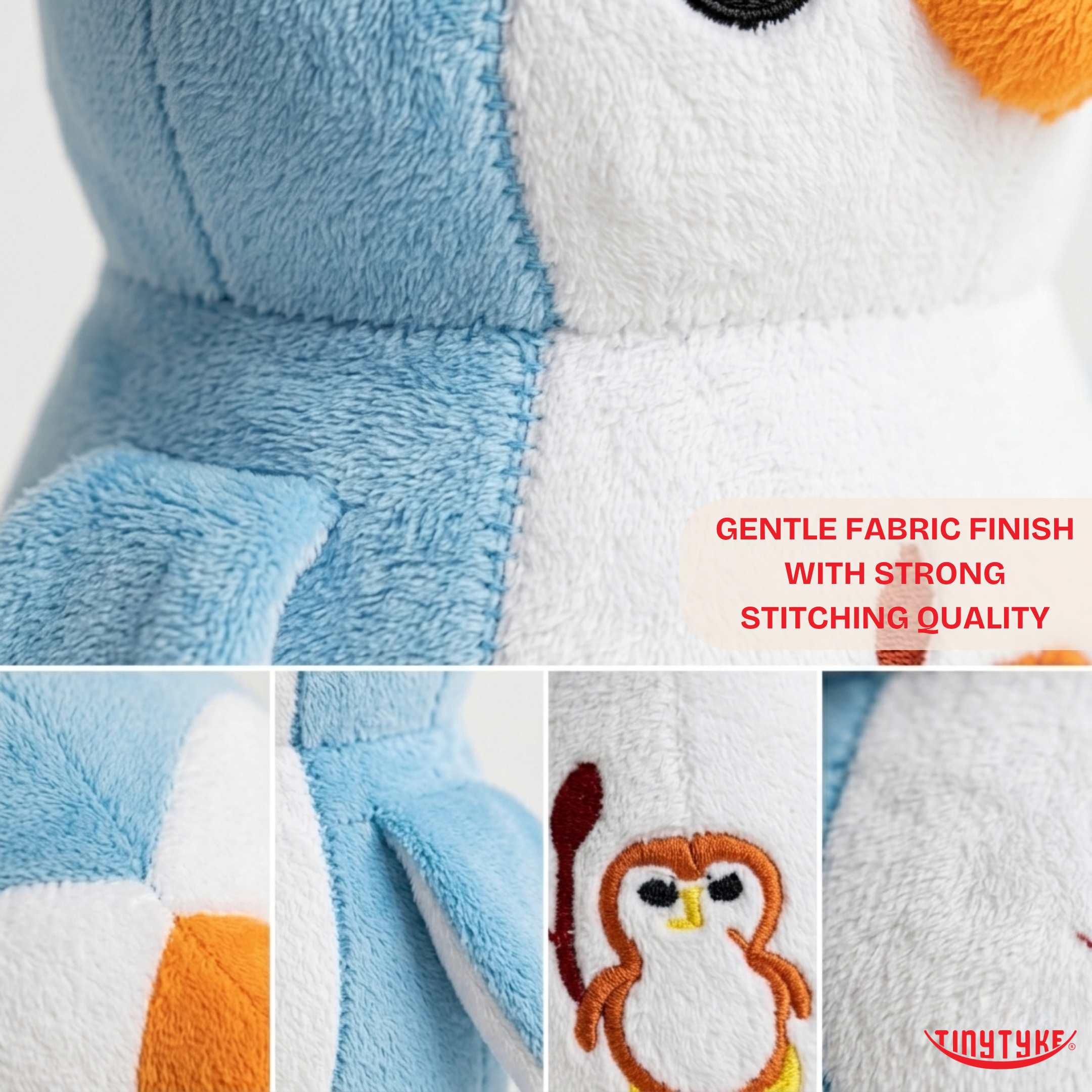 Collage of a TinyTyke — Plush Baby Penguin Soft Toy with text highlighting fabric finish and stitching quality, featuring the brand 'TinyTyke'.